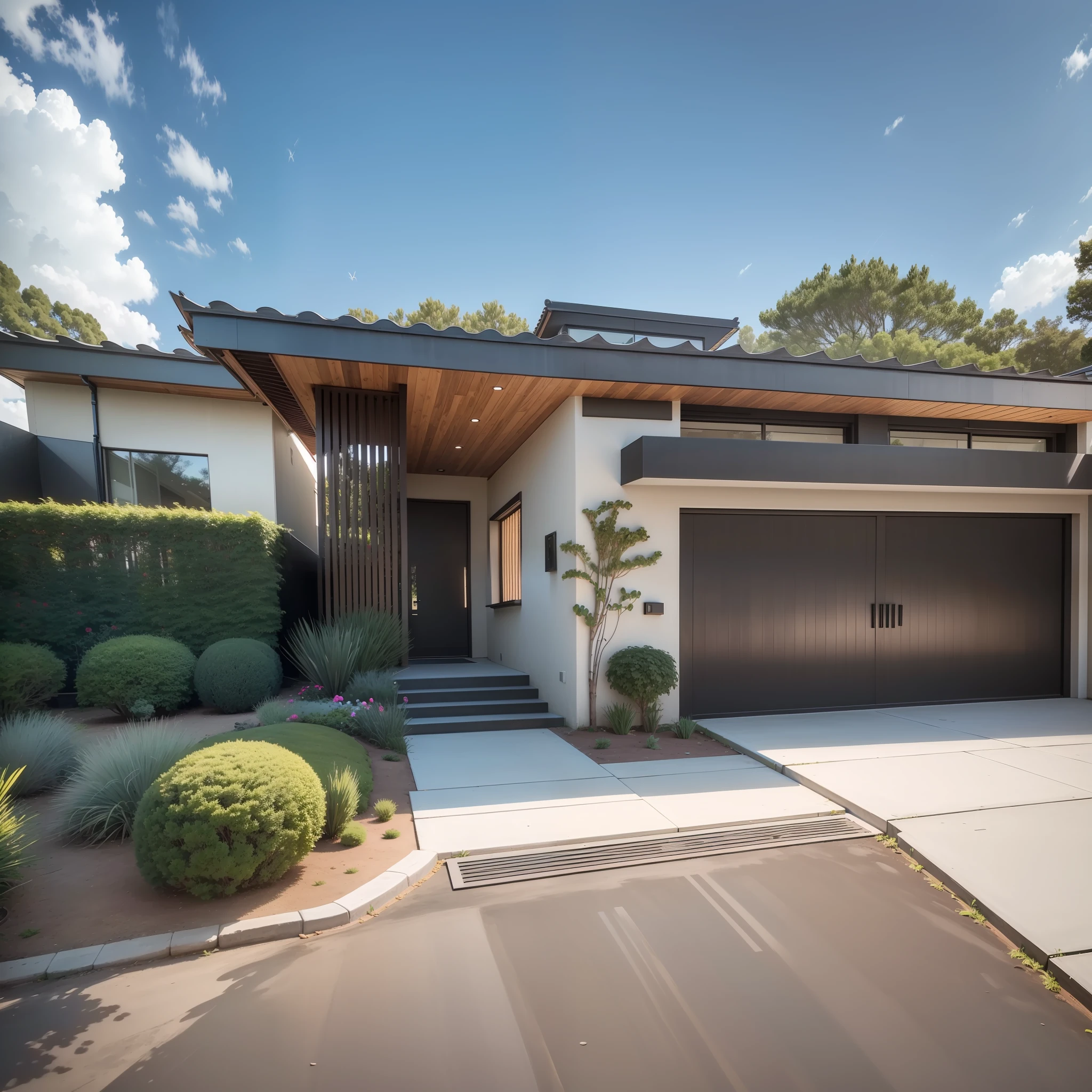 A modern house with a façade showcasing wooden details and a spacious garage, surrounded by a well-manicured garden with vibrant flowers and neatly trimmed hedges. The house has large windows that allow ample natural light to flood the interior, and a front porch adorned with potted plants. The wooden details on the façade include intricately carved patterns and decorative elements, adding a touch of elegance to the overall design. The garage features a sleek, automatic door and has enough space to accommodate two cars. The house exudes a sense of contemporary style and sophistication, combining the warmth of wood with modern architectural elements. Photography, captured with a wide-angle lens (24mm), highlighting the intricate wooden details, --ar 16:9 --v 5