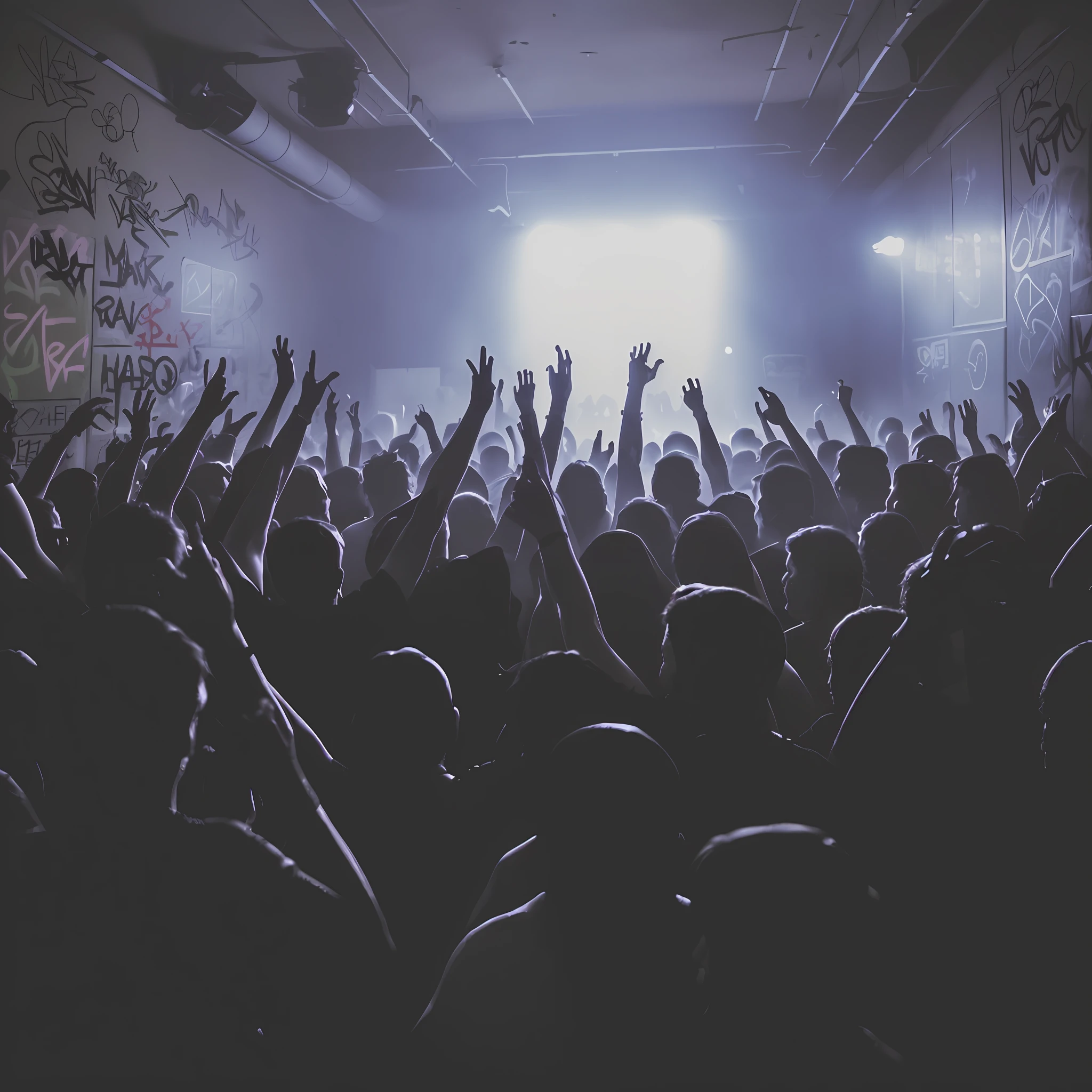 DSLR photo, Raw photo, crowd of people, rave, hands in the air, graffiti on walls, dark, 8k, contrast, detailed, intricate, looking in mirror, UndergroundClub, soft lighting, realistic, hard shadow, masterpiece, best quality