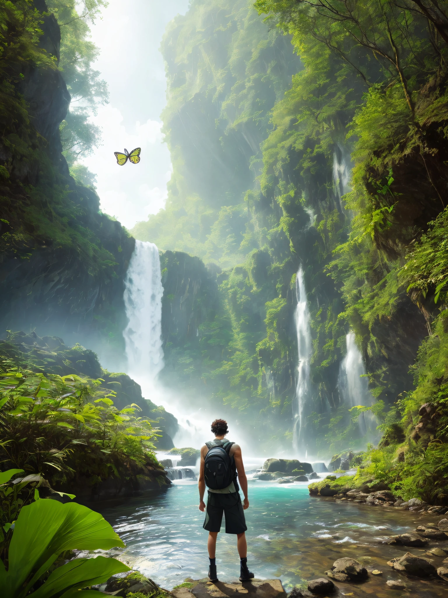 (8k, RAW photo, best quality, masterpiece: 1.2), (realistic, photorealistic: 1.37), a white man, muscular with some tattoos and scarring, carrying a backpack with several intens hanging from this muchila, the man has an adventurous style, curly brown hair, green eyes, extremely comfortable boots, he finds himself in a lost civilization, dark but at the same time full of much sunshine, Waterfalls, a lot of light in the water, in the leaves, complete detailing of vegetation and some butterflies with vibrant colors, a lot of brightness, professional lighting, photon mapping, radiosity, sky with few clouds, a lush landscape, this man is almost in profile, with one of his arms raised with his hand closed, indicating satisfaction and overcoming