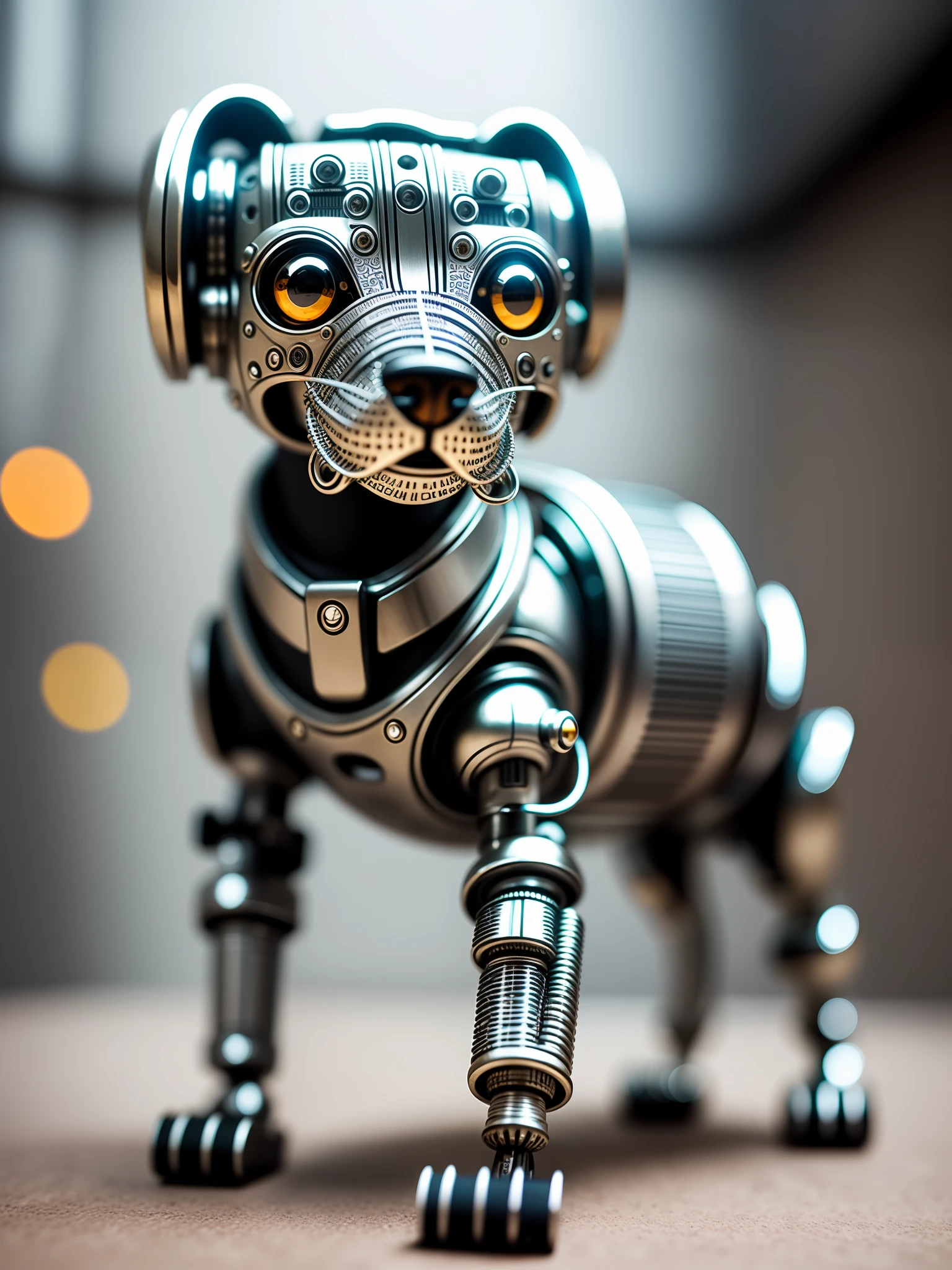 a cute dog made out of metal, (cyborg:1.1), ([tail | detailed wire]:1.3), (intricate details), hdr, (intricate details, hyperdetailed:1.2), cinematic shot, vignette, centered