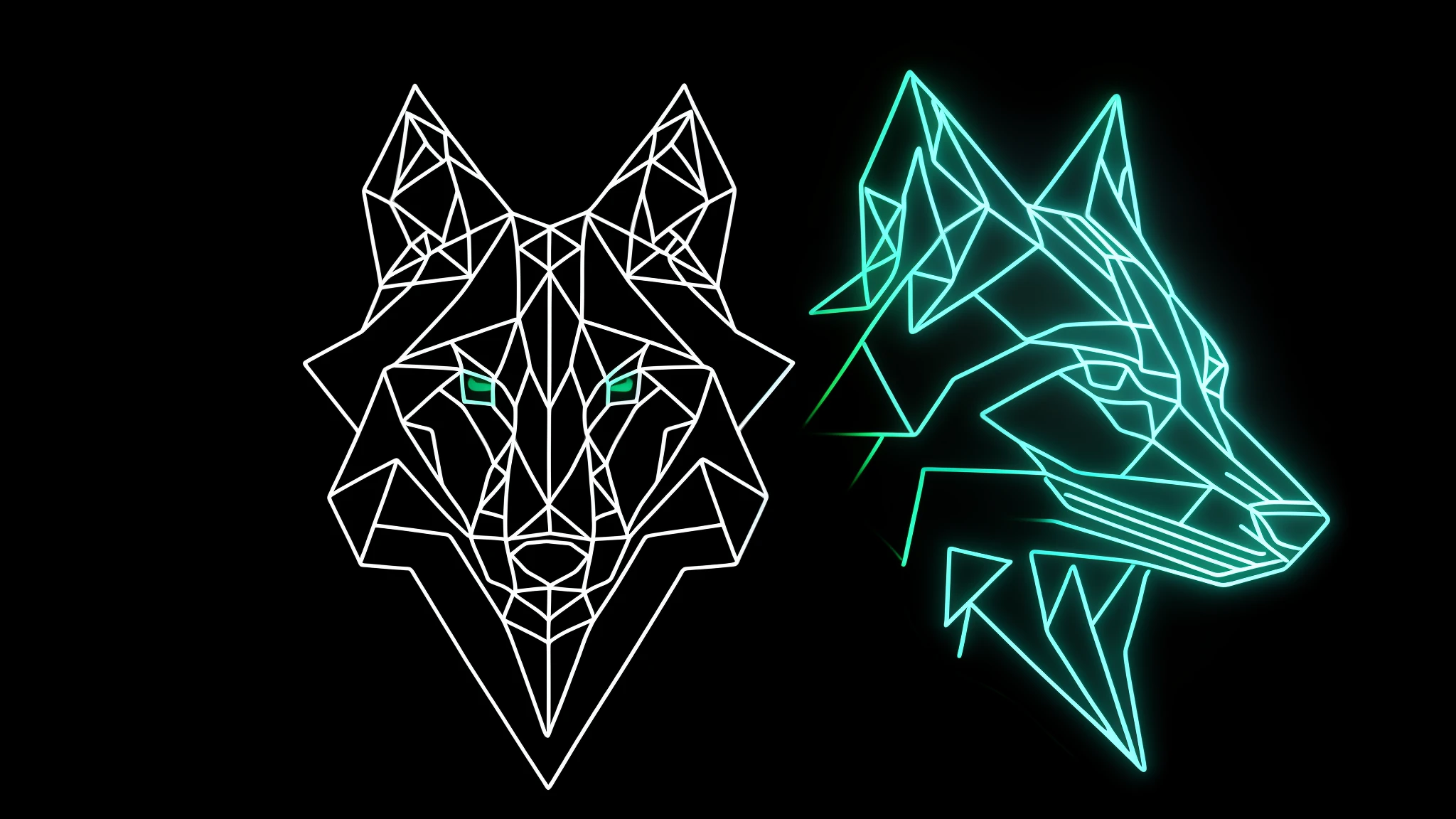 Make a logo of a geometric wolf photo style with neon outline in black and white