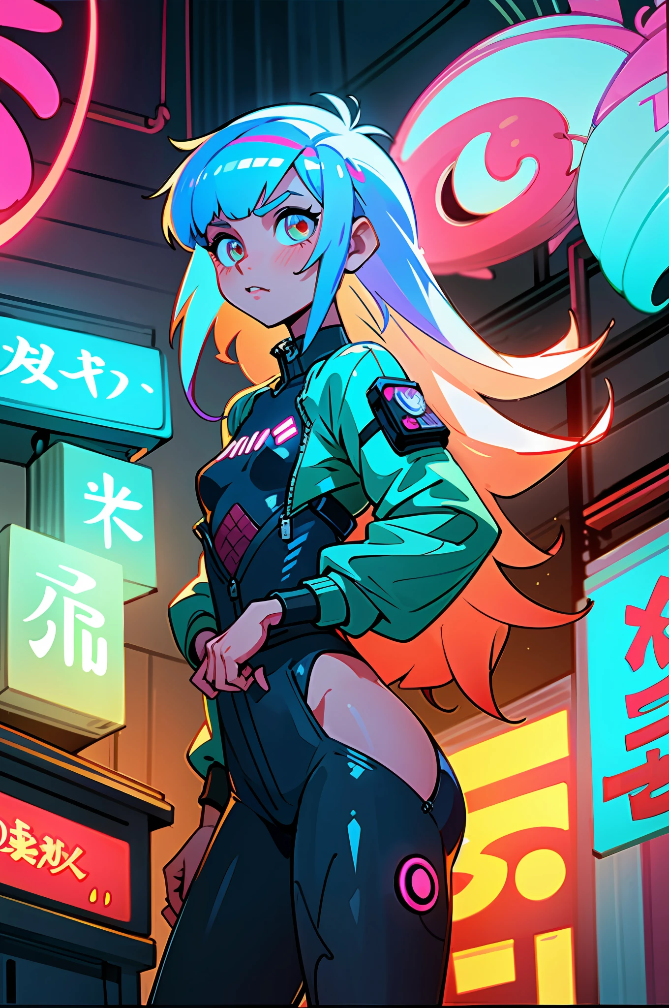 (best quality, masterpiece), 1girl, holo jacket, cyberpunk, neon, mist, (cartoon: 1.5), sexy, thong, big chest, tight, small, small, neon signs, ramen shop, fish net very low, transparent, hair too long,waist thin