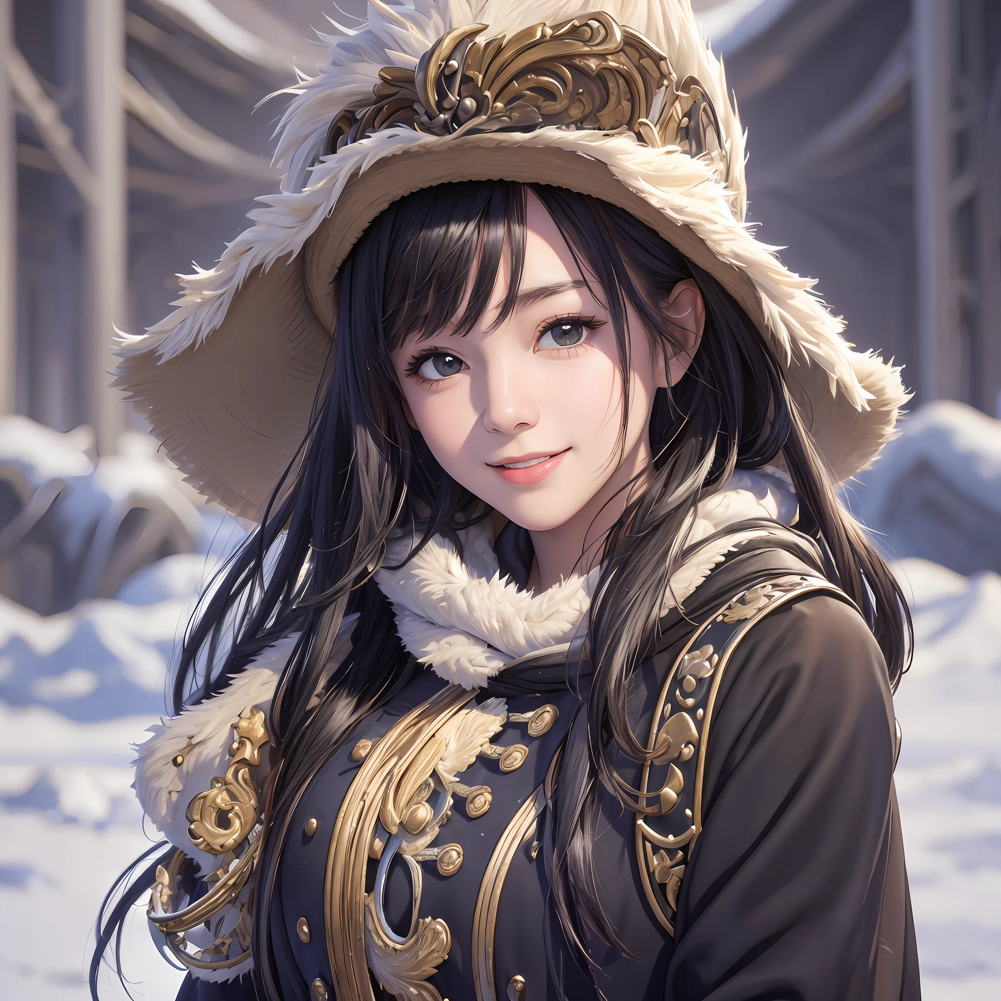 "Masterpiece, best quality, portrait of 1 girl, black hair with smile in a winter cowboy shooting setting looking directly at the viewer." --auto --s2