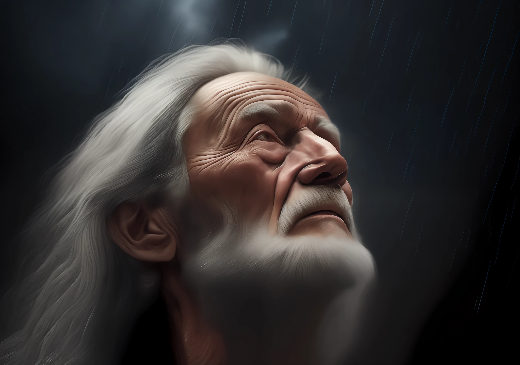 Jesus, award-winning realistic photo of an old man (looking up at the sky:1.3), expression conveying a sense of satisfaction and victory, heavy rain falling on his face, hyper detailed