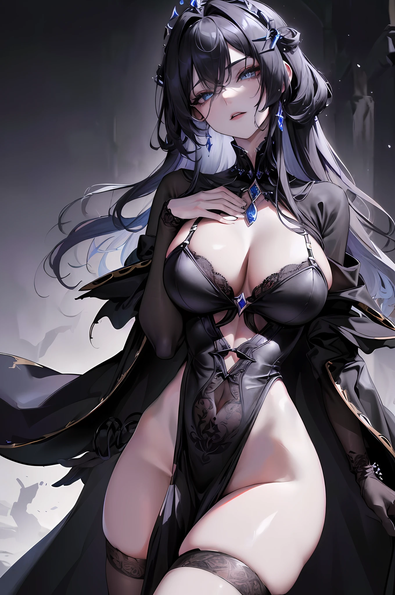 Nix, the goddess of the night, the ontology and incarnation of the night, the original goddess, She is an ancient and powerful deity, (in charge of the light of day, day, dreams, death, sleep, fate, pain, aging), ((masterpiece)), best quality, super detailed, illustration, (super detailed face), (perfect face), clear texture, fine texture, vivid underworld background, ultra-high definition detail display, excellent image performance, 50 years old, ((milf), ((super bursting breasts)), human wife, (extremely cold), Open legs, bloodless skin, black hair, coiled hair, flesh legs, black stockings, gorgeous black lingerie, high-quality dark illustrations, perfect fit to harmonious tones, deep lines, precise brushstrokes, with a strong sense of three-dimensionality and delicate wear, wonderful color combination, black lips, black cape, night scepter, pitch-black cloak, intricate details