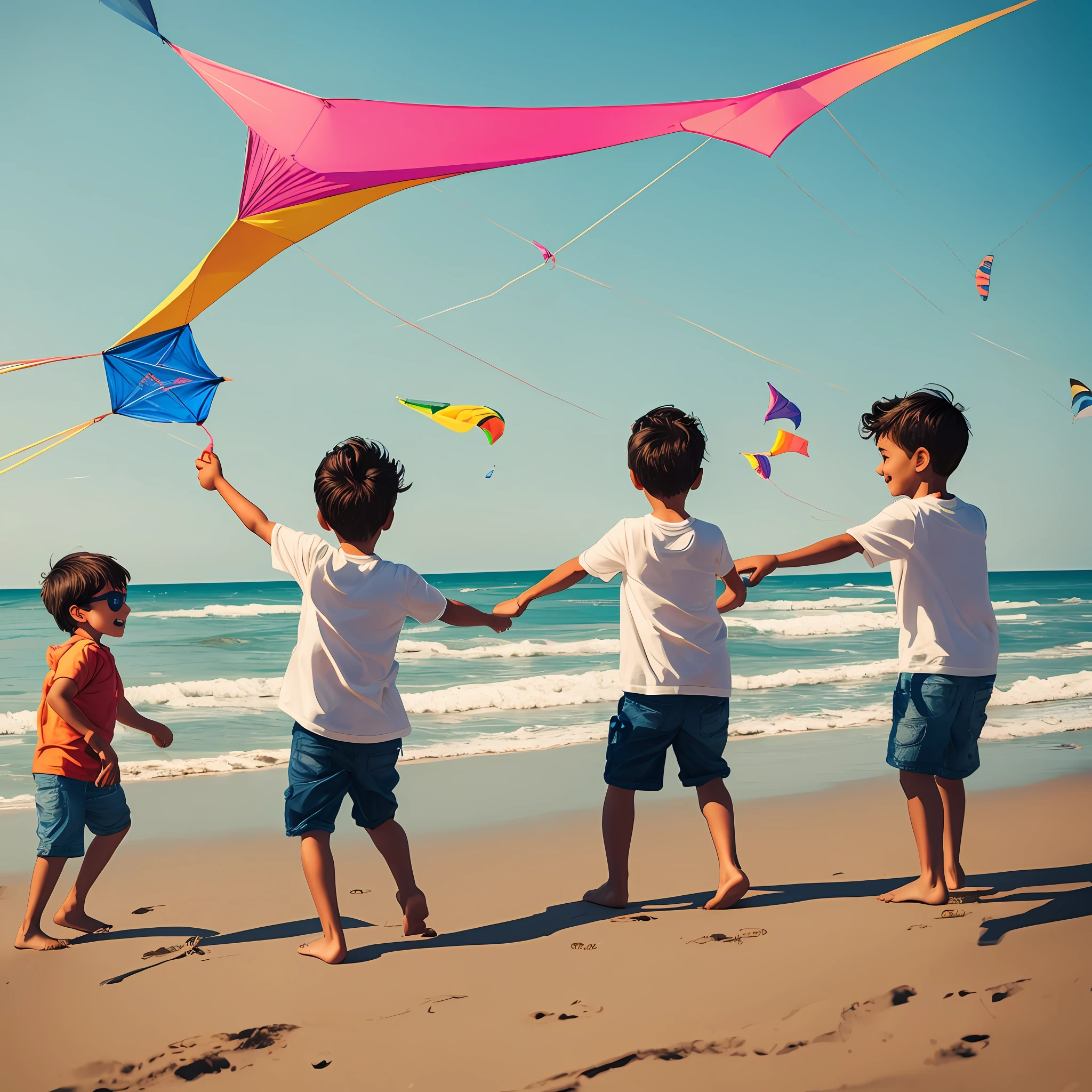 children (flying a kite, on a beach) --auto --s2