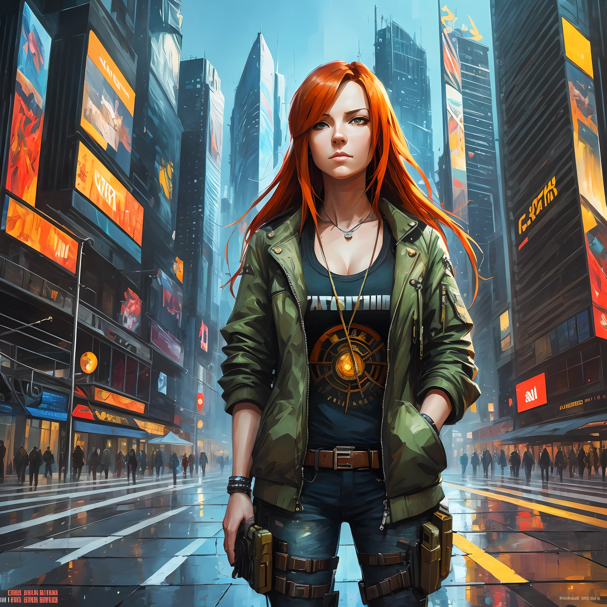 cyberpunk ginger vixen at central plaza of post apocalyptic city, Light field photography, wide angle lens f/2.8, ultra insane high resolution intricate textures, texture indentation, 32k raw professional photo, perfect perspective, perfect geometry, ultra insane ambient lighting, ultra insane ambient shadows, luminism, ultra detailed busy background, bouncing lighting, tessellation, maximalism, IPA Award wining masterpiece, art by Afremov, Kashin, Aenami, Jeremy Mann --auto --s2