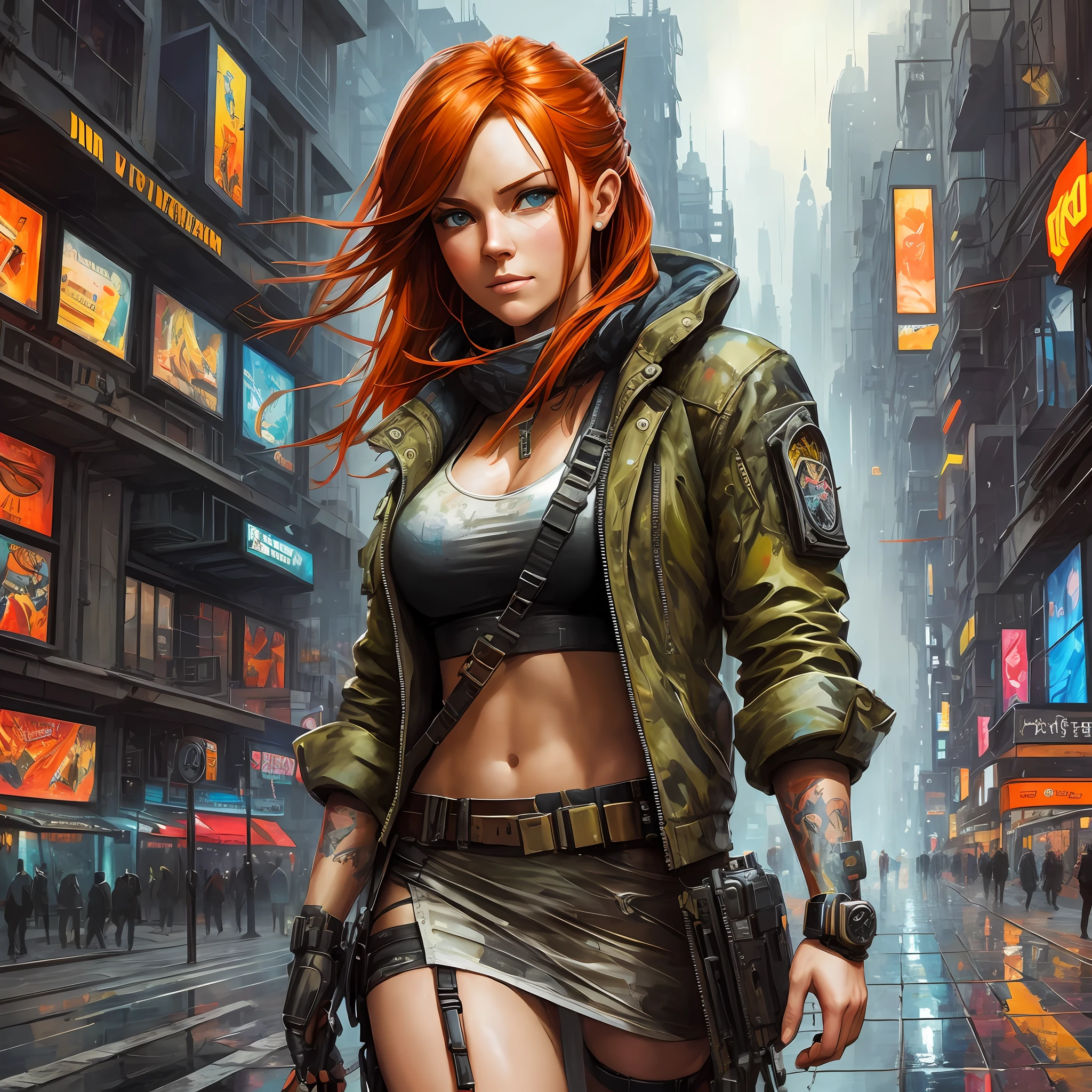cyberpunk ginger vixen at central plaza of post apocalyptic city, Light field photography, wide angle lens f/2.8, ultra insane high resolution intricate textures, texture indentation, 32k raw professional photo, perfect perspective, perfect geometry, ultra insane ambient lighting, ultra insane ambient shadows, luminism, ultra detailed busy background, bouncing lighting, tessellation, maximalism, IPA Award wining masterpiece, art by Afremov, Kashin, Aenami, Jeremy Mann --auto --s2