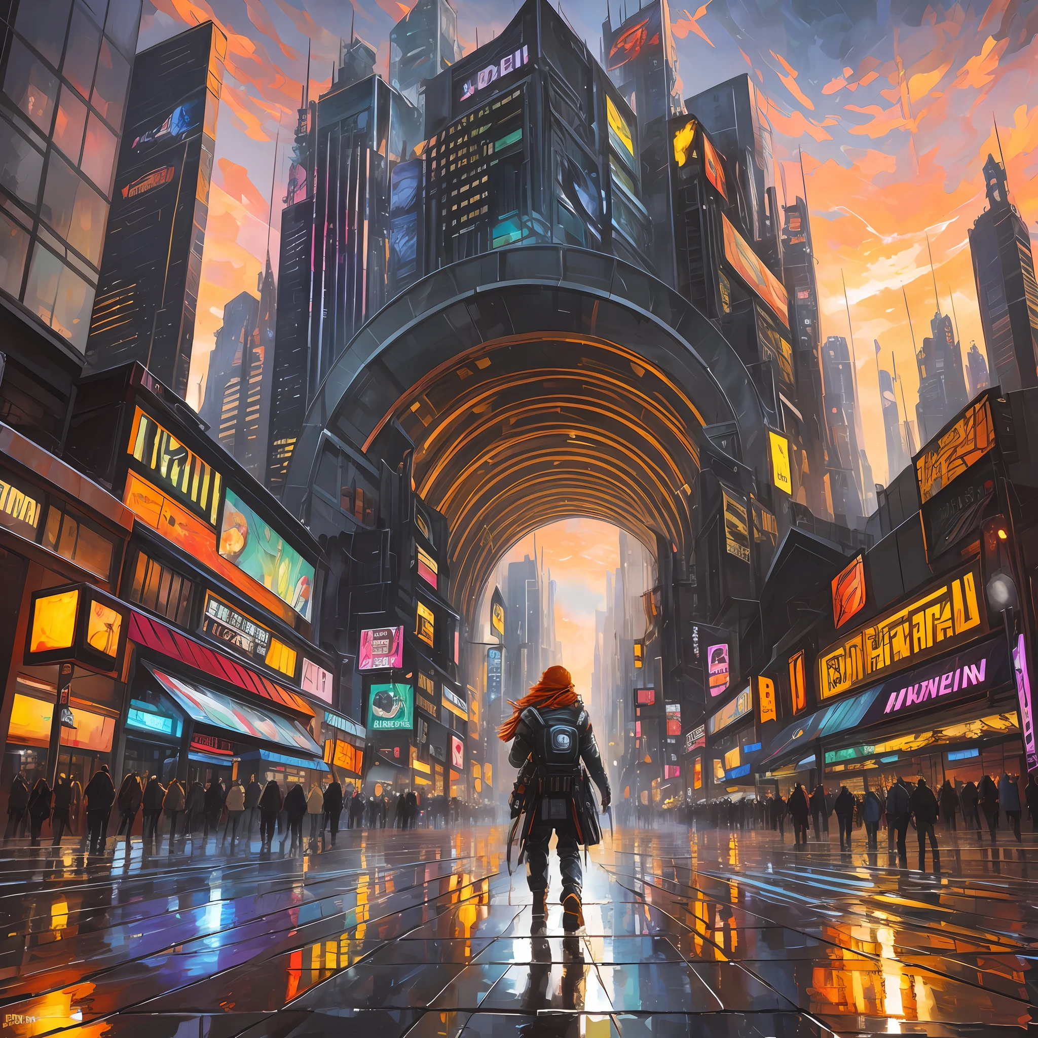cyberpunk ginger vixen at central plaza of post apocalyptic city, Light field photography, wide angle lens f/2.8, ultra insane high resolution intricate textures, texture indentation, 32k raw professional photo, perfect perspective, perfect geometry, ultra insane ambient lighting, ultra insane ambient shadows, luminism, ultra detailed busy background, bouncing lighting, tessellation, maximalism, IPA Award wining masterpiece, art by Afremov, Kashin, Aenami, Jeremy Mann --auto --s2