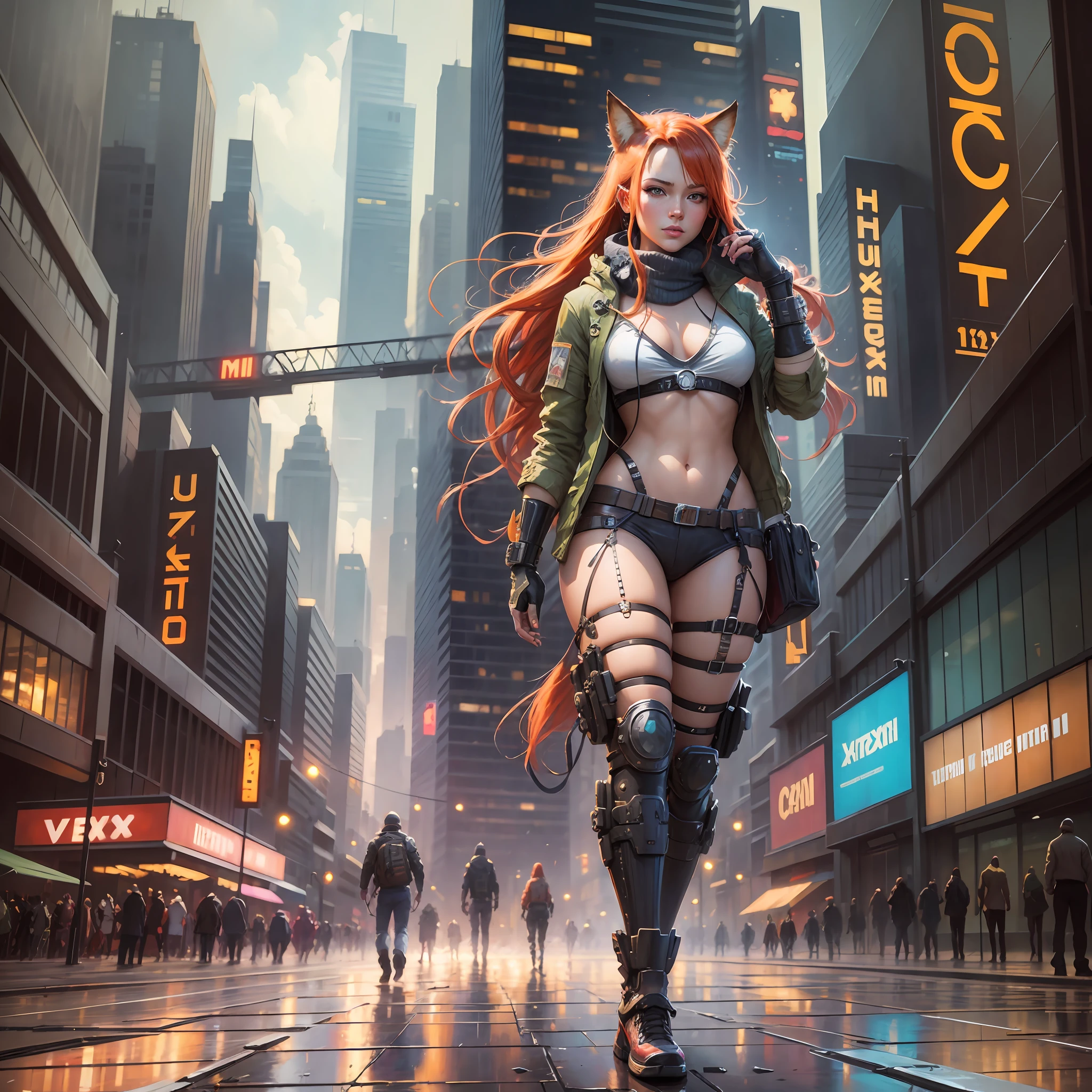 cyberpunk ginger vixen at central plaza of post apocalyptic city, Light field photography, wide angle lens f/2.8, ultra insane high resolution intricate textures, texture indentation, 32k raw professional photo, perfect perspective, perfect geometry, ultra insane ambient lighting, ultra insane ambient shadows, luminism, ultra detailed busy background, bouncing lighting, tessellation, maximalism, IPA Award wining masterpiece, art by Afremov, Kashin, Aenami, Jeremy Mann