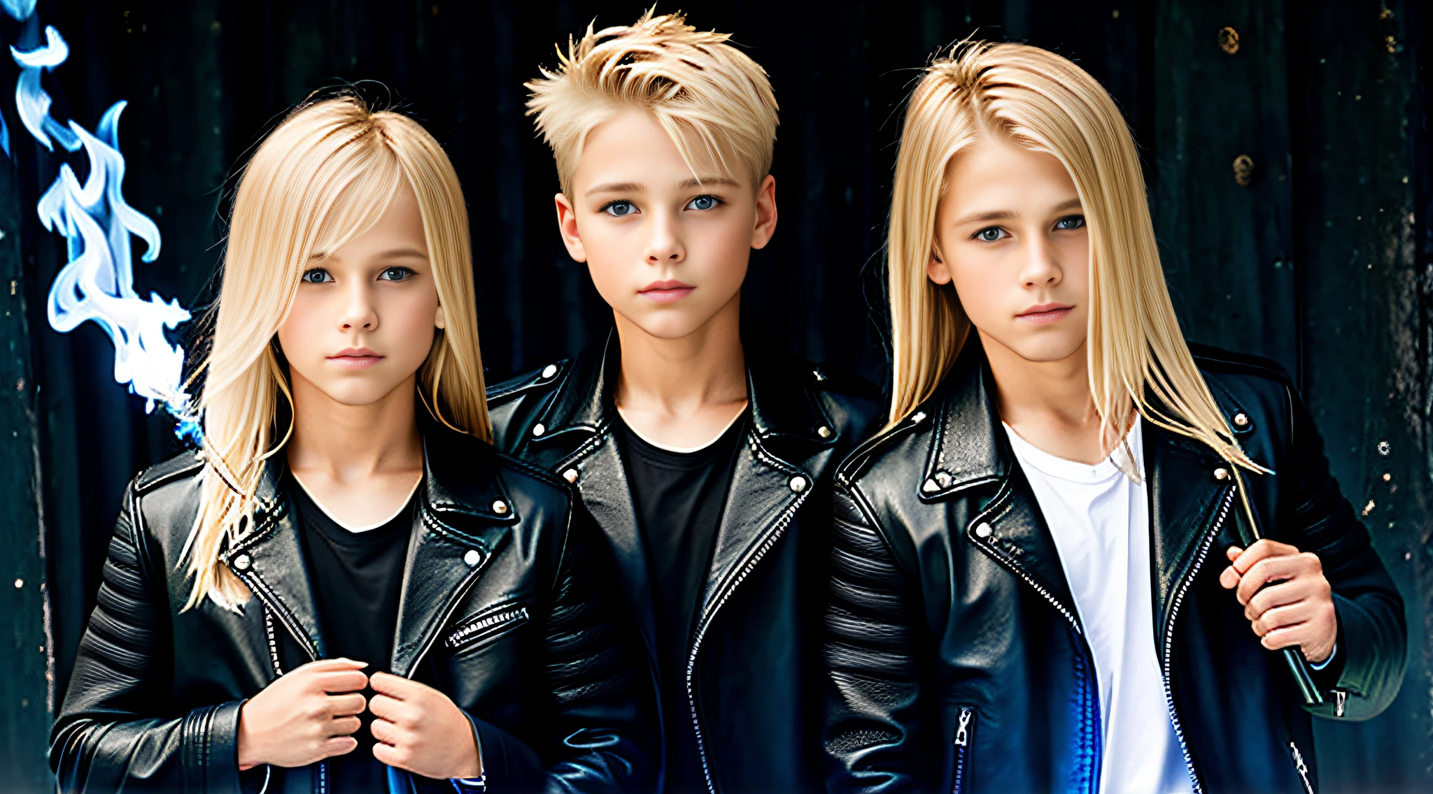 boys blonde children WITH STRAIGHT HAIR, BACKGROUND oil blue, . .photo of fire music, elemental, portrait, fire torches IN THE HANDS, BLACK LEATHER JACKET AND BLACK CLOTHING.