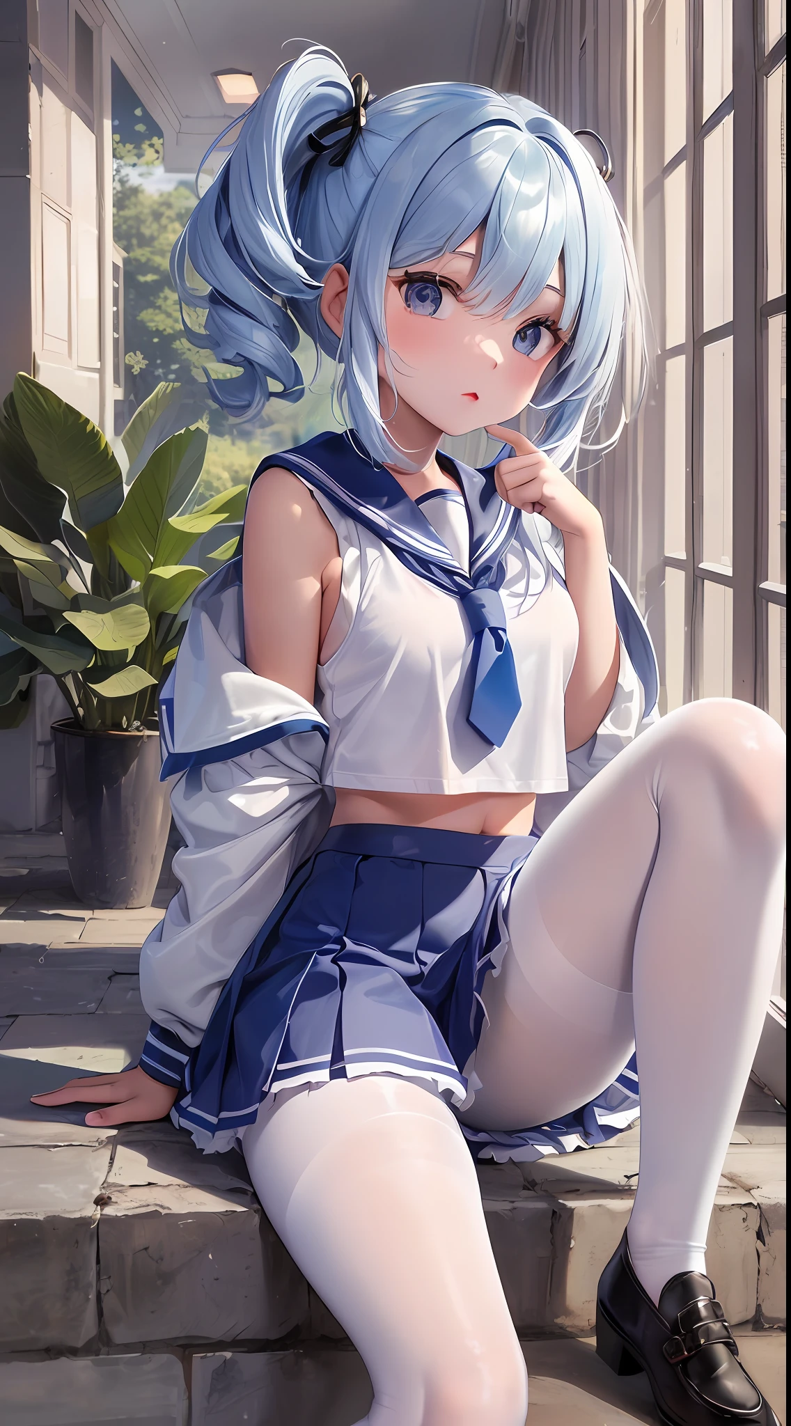Masterpiece level, highest quality, little li, white sailor suit, small leather shoes, double ponytail, seated, full body, ((cute), sexy, long blue hair, large, ultra-see-through, (thighband pantyhose, white pantyhose: 1.3), miniskirt, (textured skin, anatomically correct, masterpiece, UHD, ccurate, high details, super detail, high quality, best quality, highres, 1080P)),outdoors,(14.3), (Loli), (Fair Skin), (Beautiful Girl: 1.5), (Skin Quality: 1.5), (Glossy Skin: 1.6), (Beautiful Girl), (Superb Body), Short Hair, (Straight Hair), (rose Hair)), Hair with Beautiful Details, [Blur]