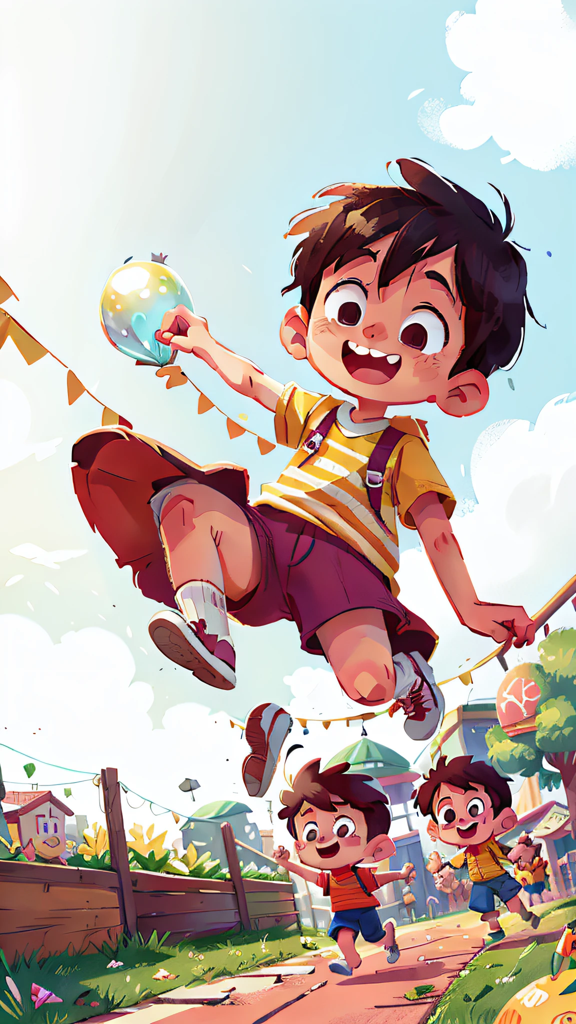 Poster making, Children's Day, in the amusement park, a boy leads a balloon, and another youth chases the little boy in front, happy, jumping, happy --v 6