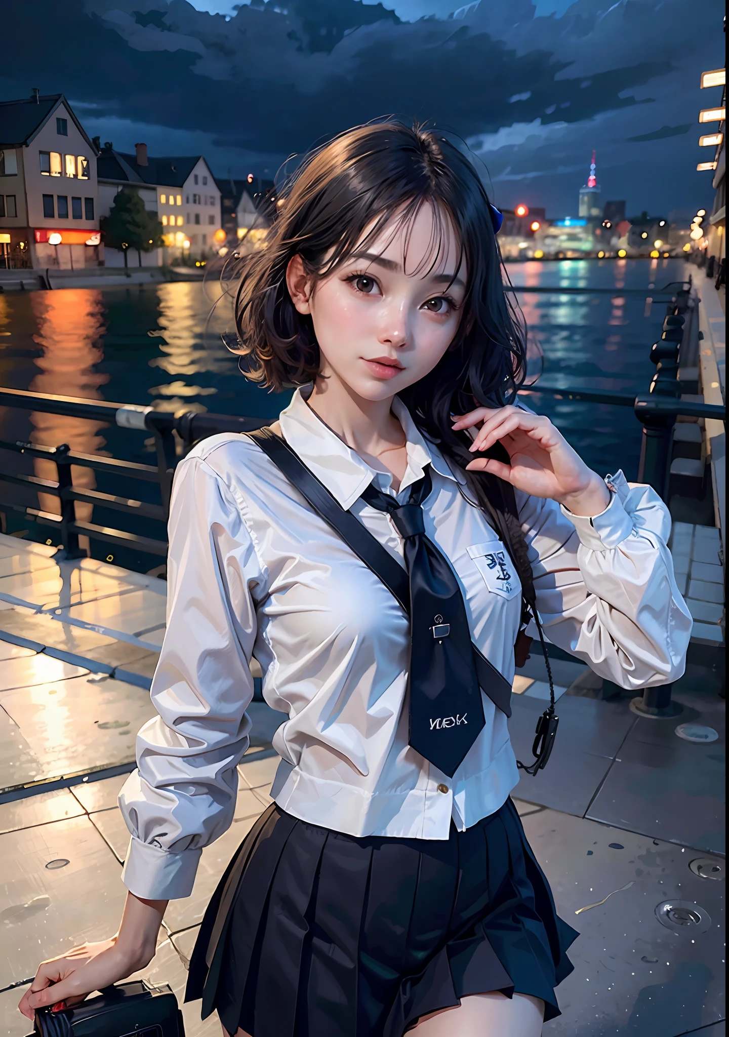A short-haired schoolgirl by the sea, wearing a school uniform, campus clothing, JK school uniform, perfect and exquisite facial features, cute expression, beautiful sea, behind the sea with night view, the reflection of the sea surface is very bright, the ocean at night, thick bangs, girl, cute, city landscape, night, rain, humidity, professional lighting, photon mapping, radiosity, physically based rendering, ultra HD, 32K, masterpiece,