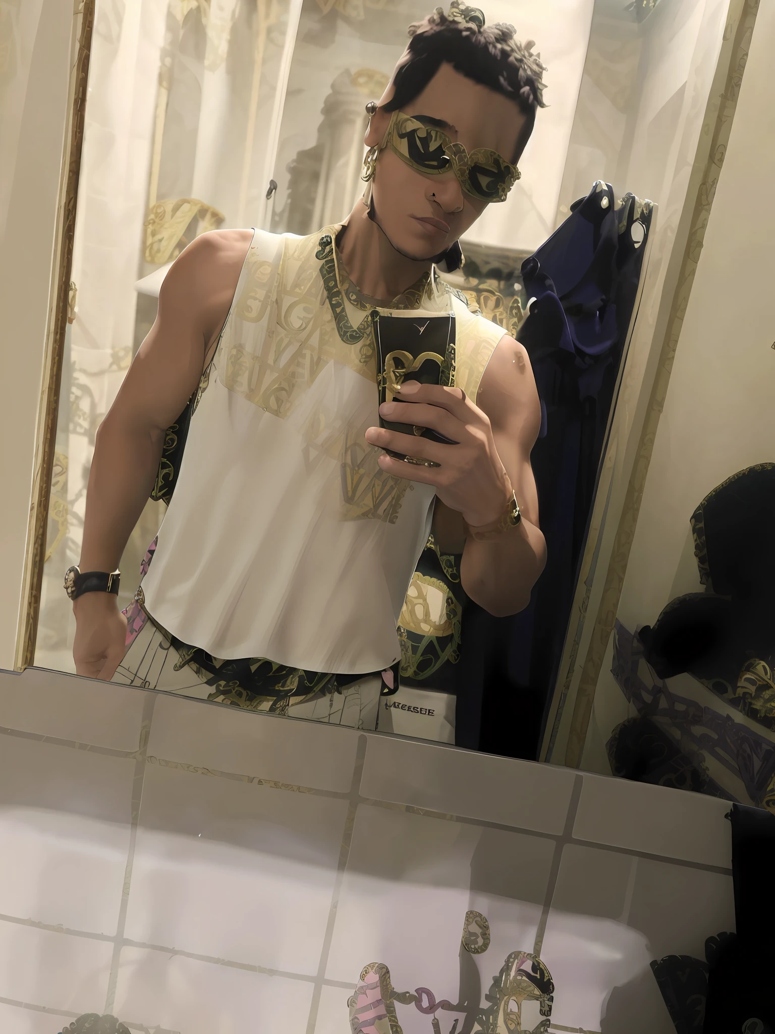 wearing a low cut tanktop(Gianne Versace tank top:1.6), wearing a tanktop, wearing tanktop, fit pic, no shirt under the vest, 2 3 years old, 2 7 years old, 2 2 years old, full body picture, best quality picture, 2 9 years old, wearing sunglasses(Versace:2.0), standing in an ancient roman steam bath