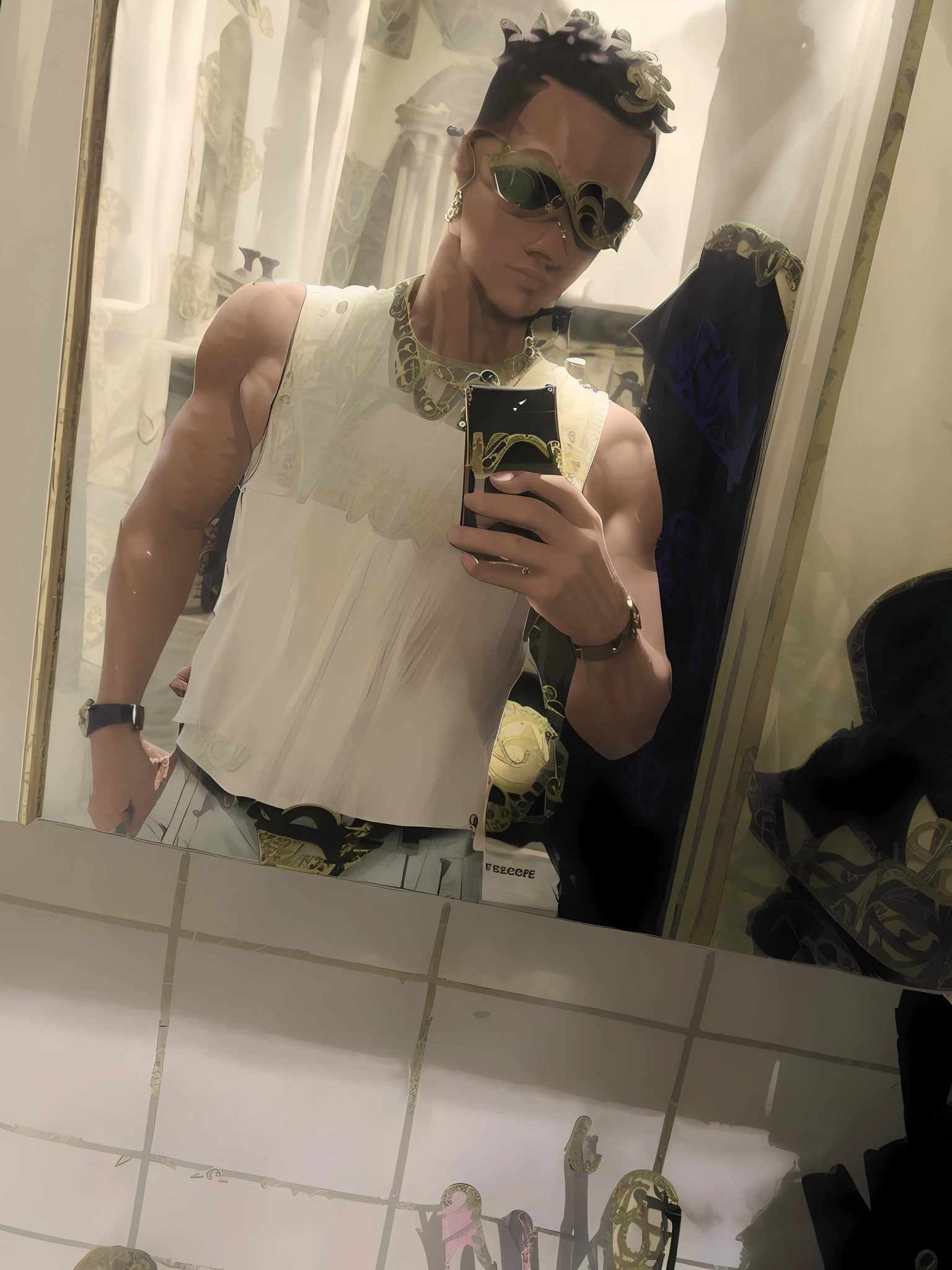 wearing a low cut tanktop(Gianne Versace tank top:1.6), wearing a tanktop, wearing tanktop, fit pic, no shirt under the vest, 2 3 years old, 2 7 years old, 2 2 years old, full body picture, best quality picture, 2 9 years old, wearing sunglasses(Versace:2.0), standing in an ancient roman steam bath