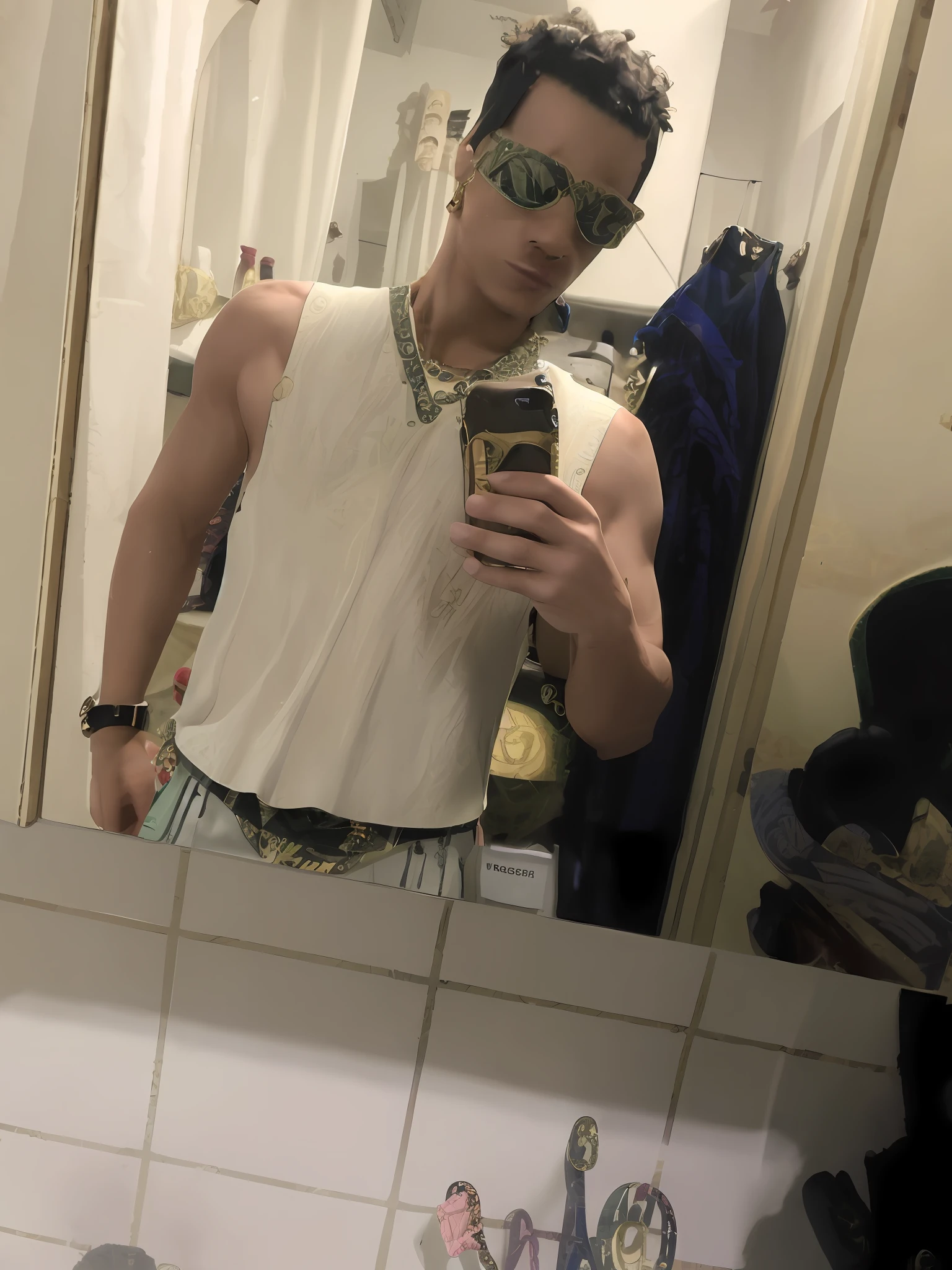 wearing a low cut tanktop(Gianne Versace tank top:1.6), wearing a tanktop, wearing tanktop, fit pic, no shirt under the vest, 2 3 years old, 2 7 years old, 2 2 years old, full body picture, best quality picture, 2 9 years old, wearing sunglasses(Versace:2.0), standing in an ancient roman steam bath