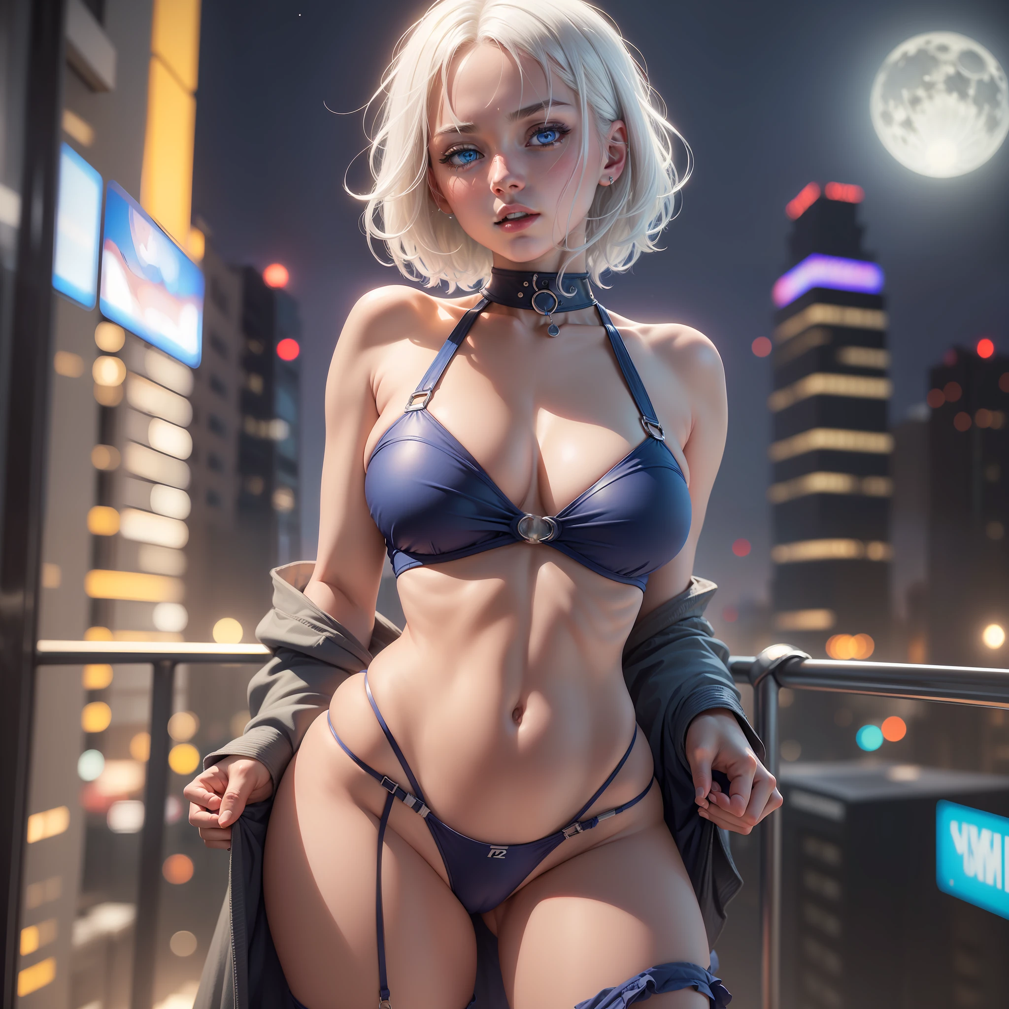 (Masterpiece, 4k resolution, ultra realistic, very detailed), 1girl, solo,adjusting swimsuit,pov crotch, [ ((25 years), (short white hair: 1.2), full body, (blue eyes: 1.2) (cityscape, at night, dynamic lights), (full moon))]