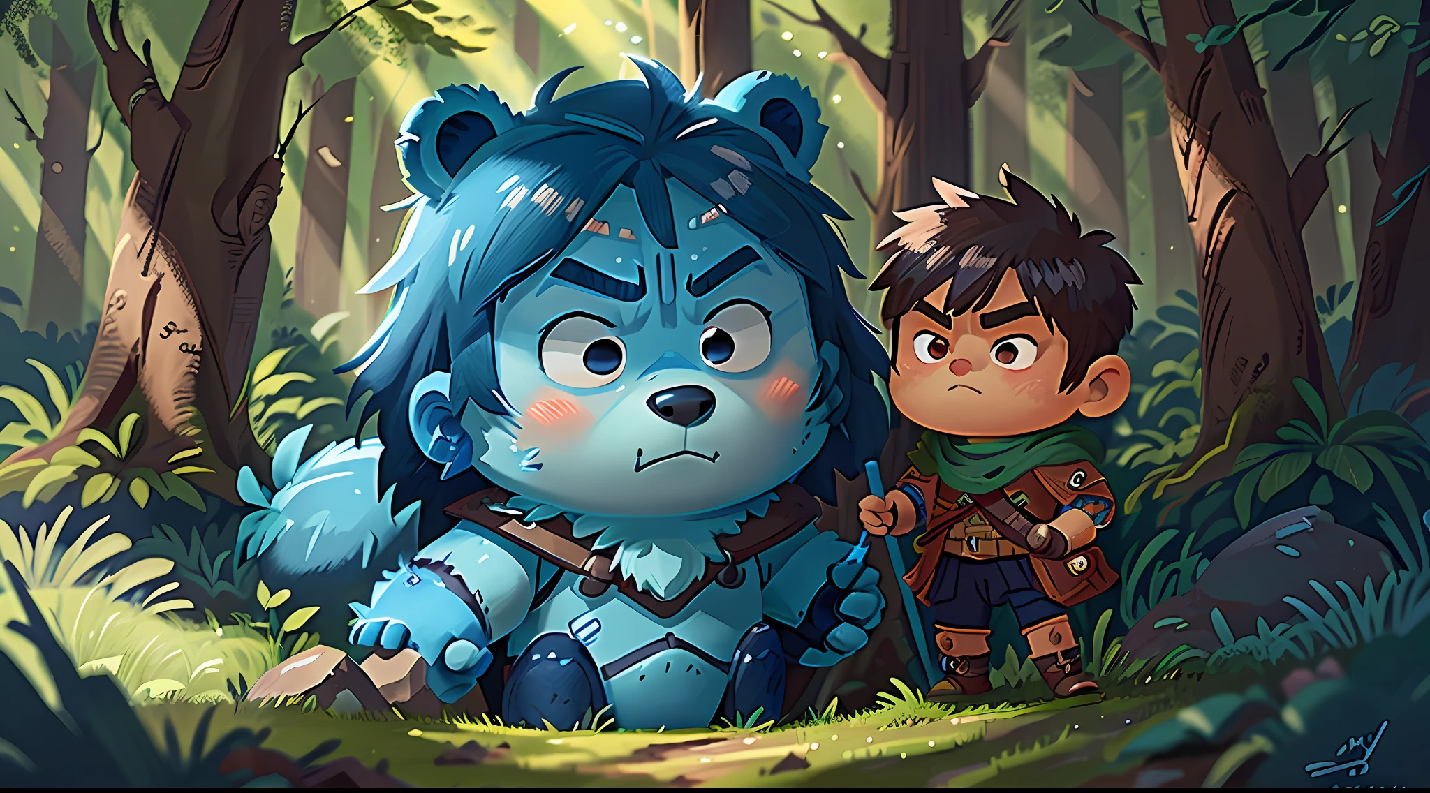 Chibi style, portrait of a warrior bear, humanoid, war sword, blue skin, forest of the sun, fantasy, realistic. photorealistic, 35mm, cinematic lighting and color grading, key light, sharp focus, background depth of field, extreme detail, 4k