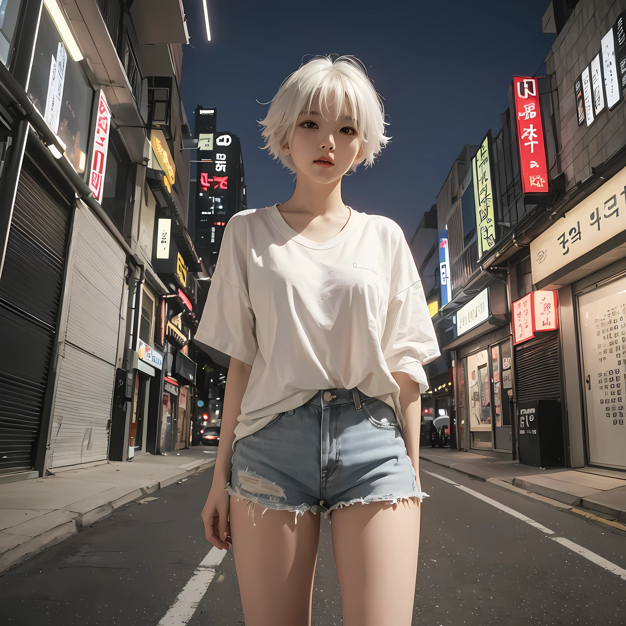 ultra high rest, best quality, photo, girl with short white hair, korean girl, beautiful south korean woman, white short hair, short white hair, beautiful young korean, girl in real life, perfect white haired girl, ig model, black shirt (no print), perk breasts, beige shorts, black sneakers, cityscape (people in background), night. --auto --s2