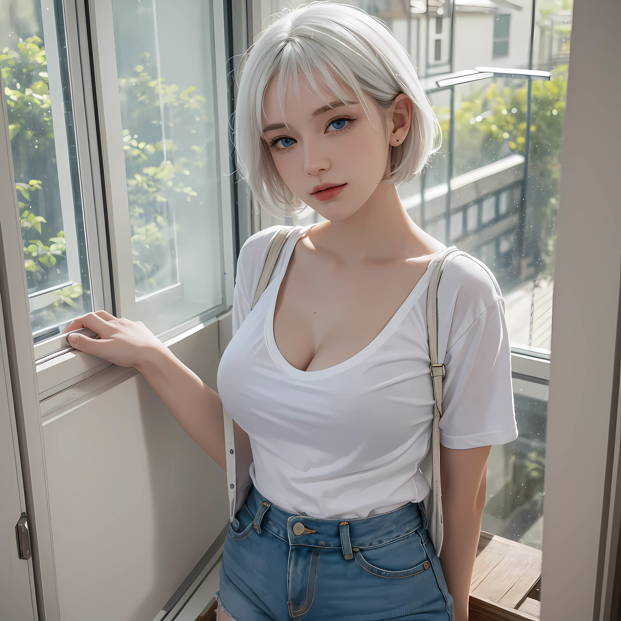 Ultra high res, best quality, photo, solo, a girl, short hair, white hair, blue eyes, perk breasts, dressed in jean shorts with white shirt (no print), looking out the bedroom window. --auto --s2