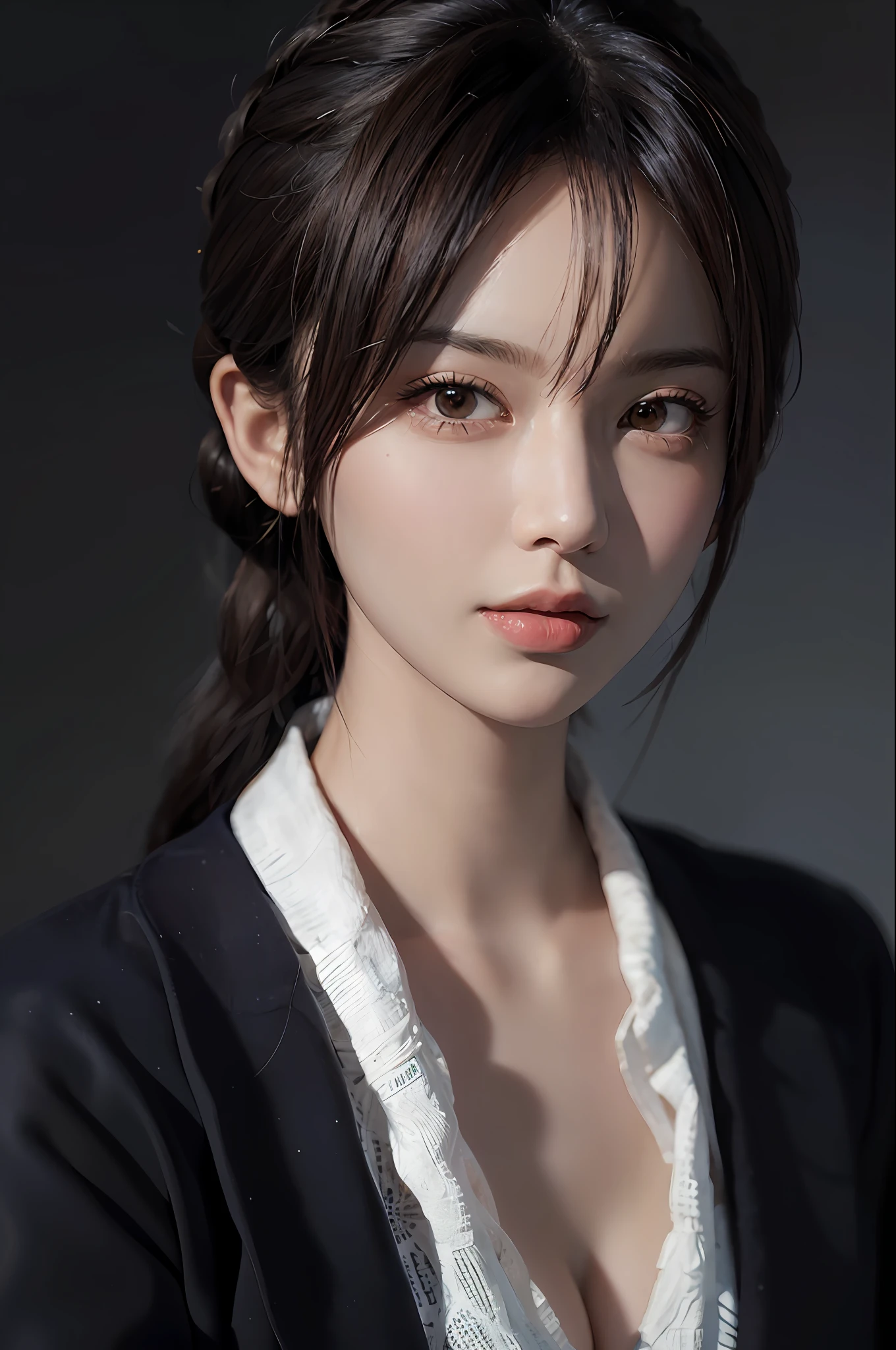 (pre-focused), (Darkness: 1.6), Complete Anatomy, Japan Idol, hyper-realist female portrait by David Hockney and Alphonse Mucha, fantasy art, photoreal, dynamic lighting, art station, poster, volumetric lighting, highly detailed face, 4K, award-winning, one girl, in the dark, 16 years old, Deep shadows, high-key, cowboy shots, (formal attire: 1.4), long straight-haired alafed woman in a ponytail, black hair red sweater and white shirt, realistic. Chen Yi, realistic portrait photo, soft portrait shot 8k, beautiful realistic face, realistic young anime girl, photorealistic anime, stunning face portrait, high quality portrait, photorealistic beautiful face, cute lifelike portrait, realistic beautiful face, photorealistic anime girl rendering