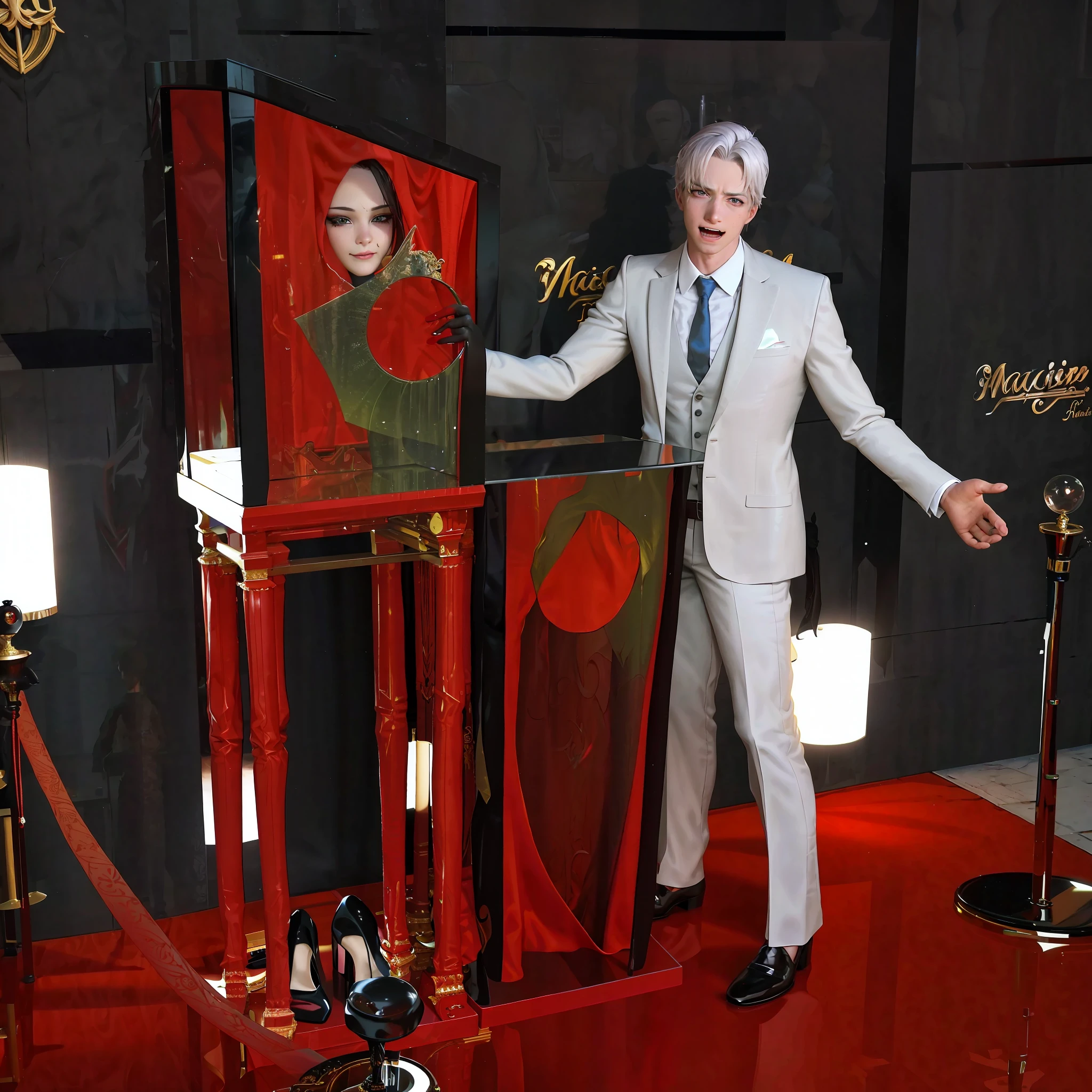 a man in a suit standing next to a red magic cutting-in-half cabinet separated into two halves at the middle with a shocked blonde woman's face poking out a hole at the top of the cabinet, the woman's right hand fingers poking through a small hole in the top part of the cabinet and the woman's feet poking through two holes in the bottom part of the cabinet, magician, skinny male magician, 3d render senior artist, promotional render, attractive magician man, corporate holograms, photo render, the magician, depicted as a 3 d render, 3 d rendered, 3d rendered, a magician's cabinet, 3d render”, houdini 3 d render, Disney 3d style --auto --s2