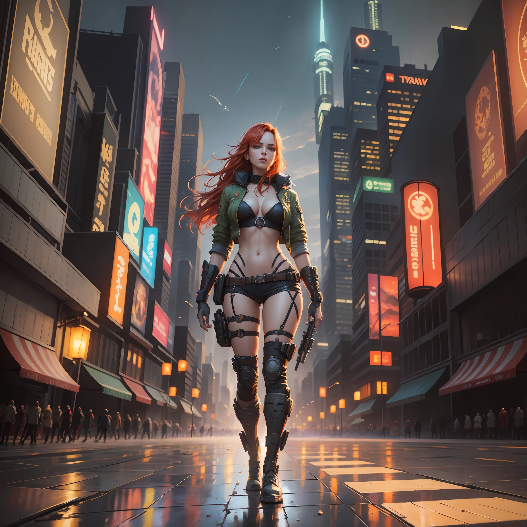 cyberpunk ginger vixen at central plaza of post apocalyptic city, Light field photography, wide angle lens f/2.8, ultra insane high resolution intricate textures, texture indentation, 32k raw professional photo, perfect perspective, perfect geometry, ultra insane ambient lighting, ultra insane ambient shadows, luminism, ultra detailed busy background, bouncing lighting, tessellation, maximalism, IPA Award wining masterpiece, art by Afremov, Kashin, Aenami, Jeremy Mann