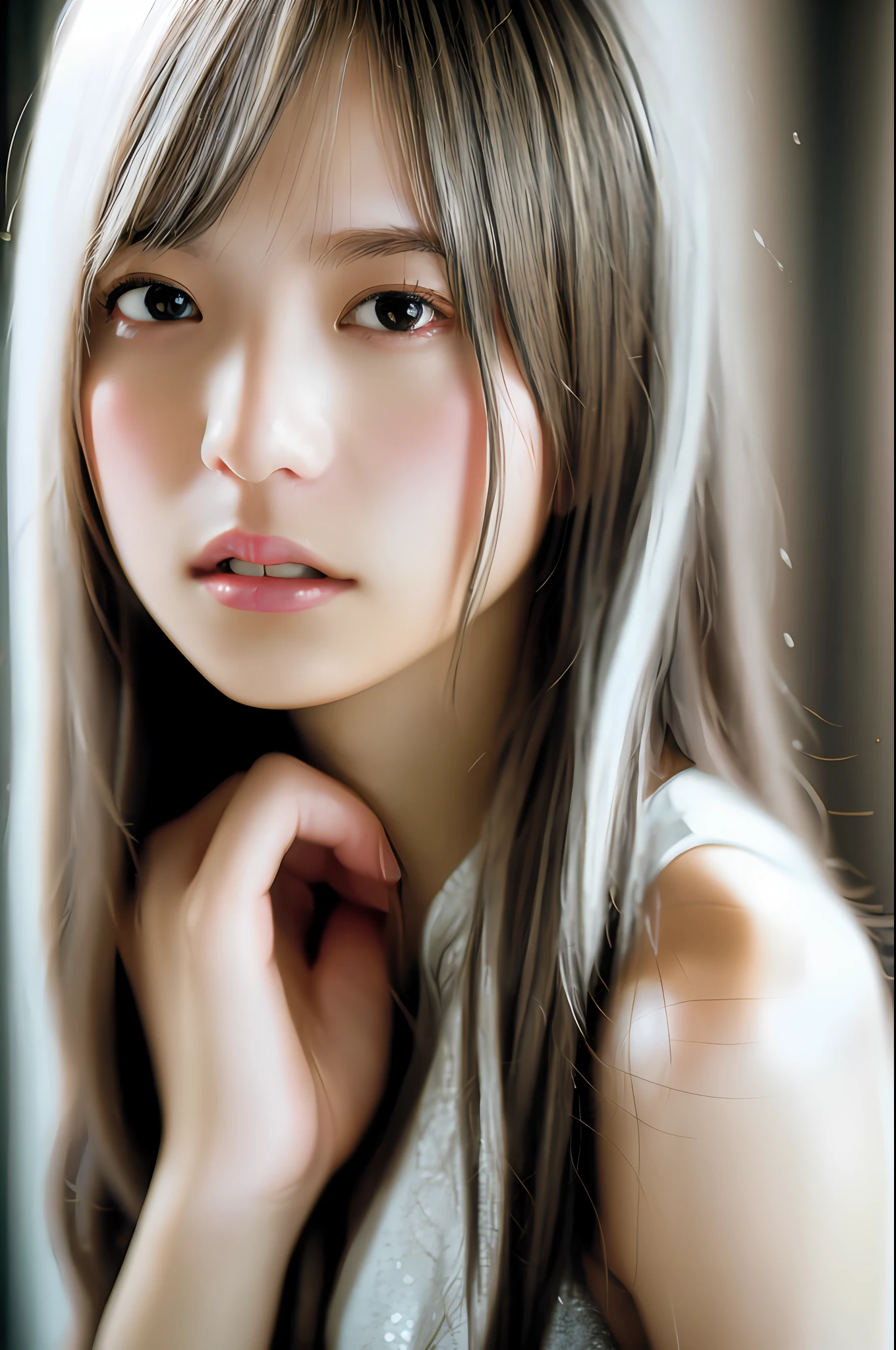 Stunning close-up portrait of a young and beautiful woman with RAW, analog style and impressive features. She must have long, flowing silver hair, a seductive gaze, and a charming look. The background is neutral and simple, allowing the woman to be the focal point of the image. Pay attention to details, such as highlights and shadows on her face and hair, to create realistic and realistic images. Experiment with different lighting techniques to enhance the mood and atmosphere of your portrait. The final product should be a masterpiece that captures the essence and beauty of women ((Highly detailed skin, skin details)), Sharp Focus, Volumetric Fog, 8K, UHD, DSLR, High Quality, Film Grain, Fujifilm XT3