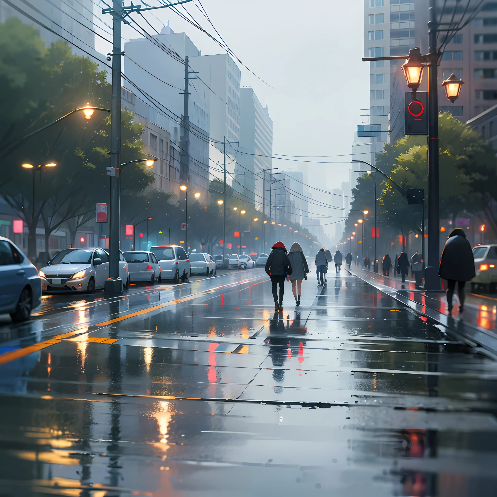 Street with trees, people whole body, rain, reflection on the ground, poles, --auto --s2