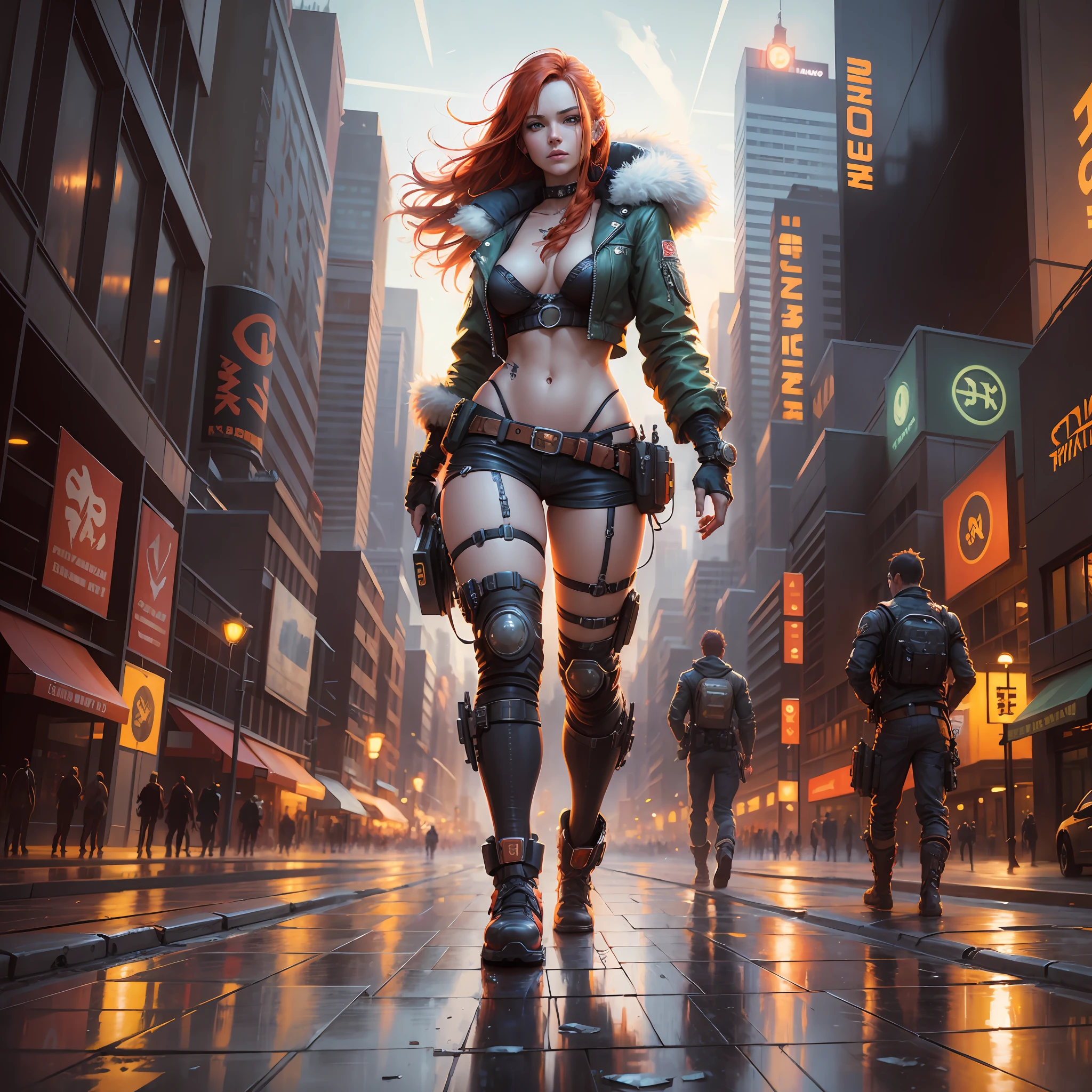 cyberpunk ginger vixen at central plaza of post apocalyptic city, Light field photography, wide angle lens f/2.8, ultra insane high resolution intricate textures, texture indentation, 32k raw professional photo, perfect perspective, perfect geometry, ultra insane ambient lighting, ultra insane ambient shadows, luminism, ultra detailed busy background, bouncing lighting, tessellation, maximalism, IPA Award wining masterpiece, art by Afremov, Kashin, Aenami, Jeremy Mann