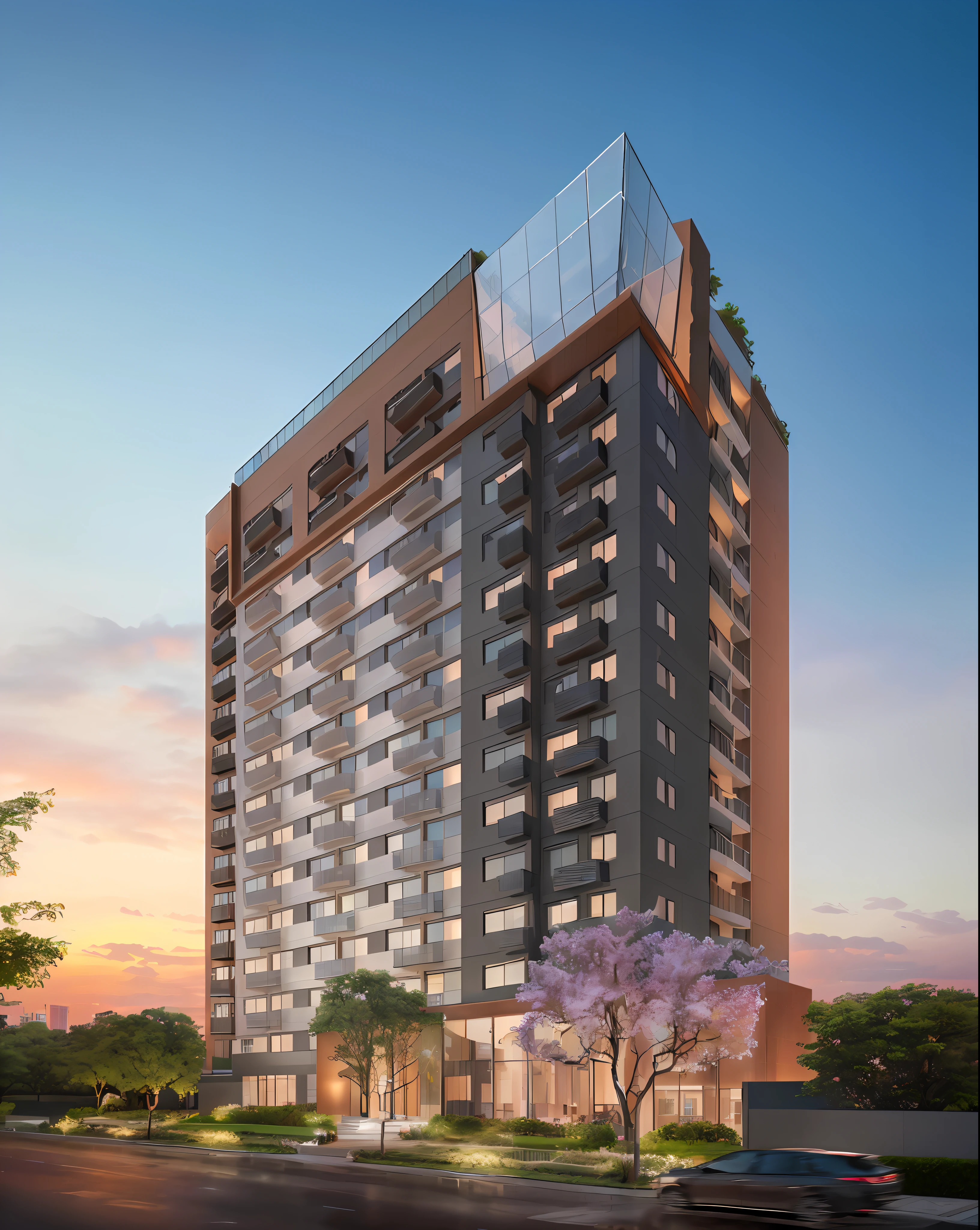 rendering of a tall building with a glass roof and a tree in front, mantra rendering, mid-view, by Samuel Silva, rendering, by Luis Miranda, architectural rendering, bangalore, residential, exterior view, wide angle exterior 2022, high render, highly detailed illustration.”, digital rendering, true realistic image, architectural 3 d render, by Sam Black