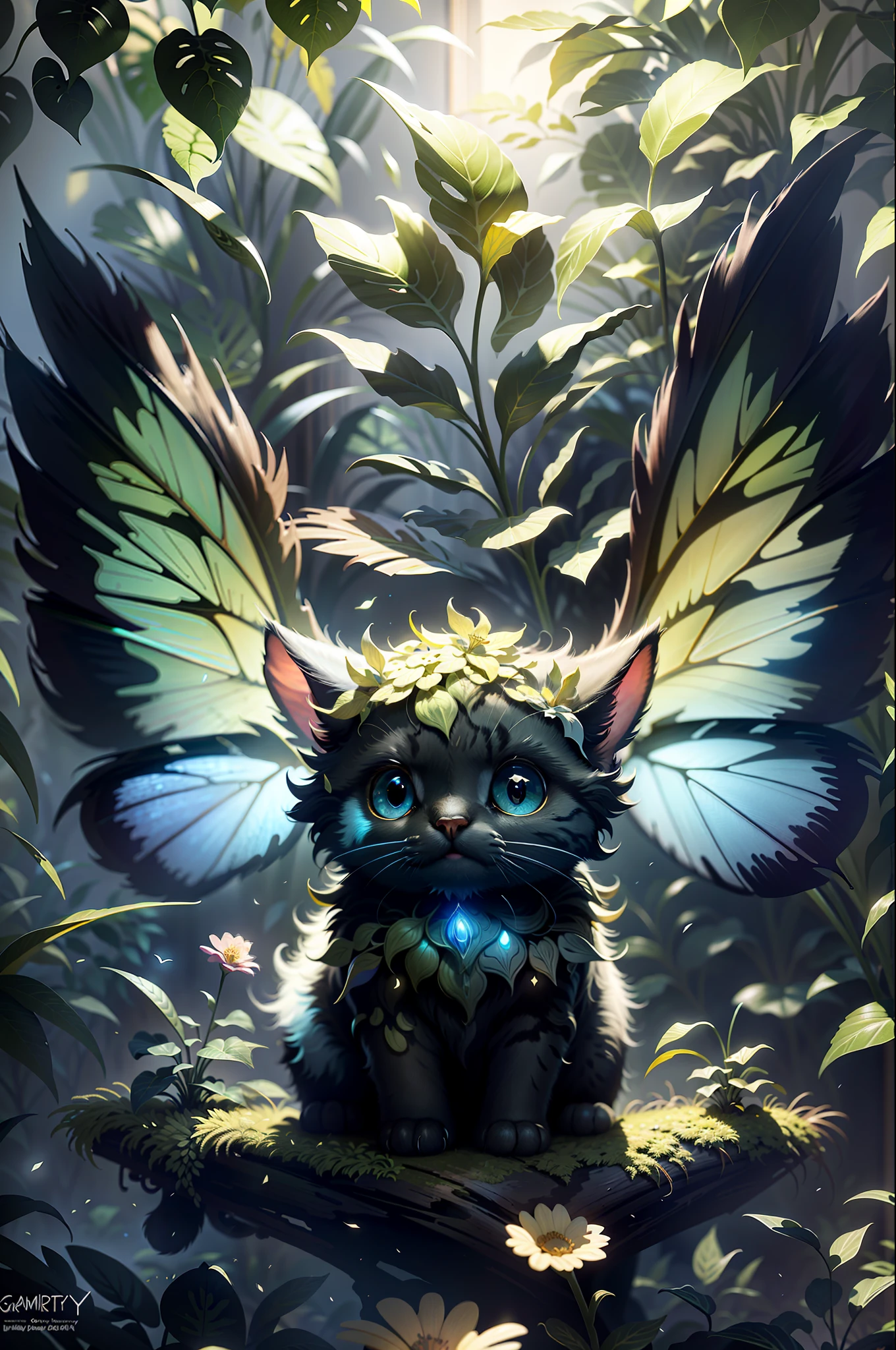 grainy, extremely detailed, intricate details, dynamic lighting, photorealistic, filmg, natural lighting, m0nst3rfy3, cat (black) playing with moth