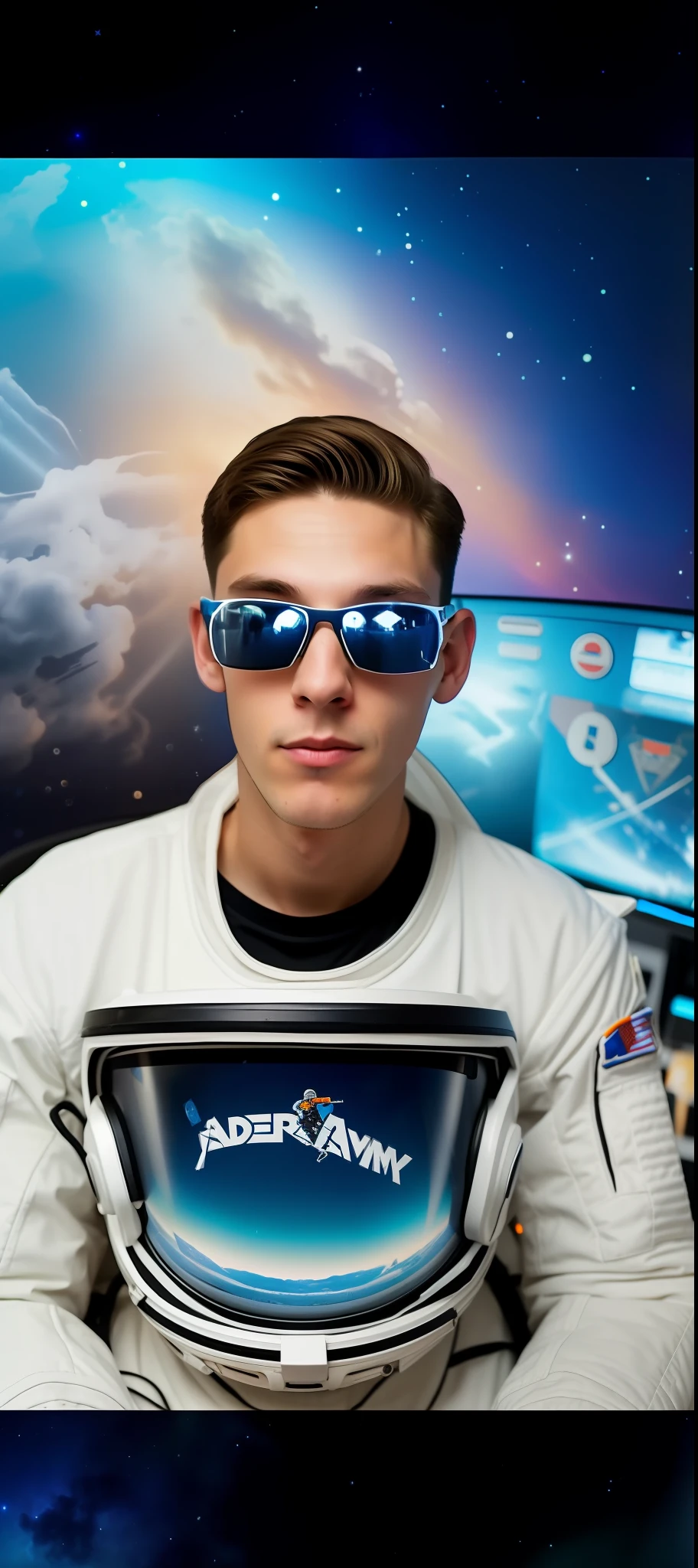 there is a man wearing astronaut clothing in front of a computer, twitch streamer / gamer ludwig, twitch streamer, jerma985 in fortnite, tommy 1 7 years old, astronaut, he is about 2 0 years old, he is about 20 years old, looks like jerma985, jewish young man with helmet of astronaut, frontal picture