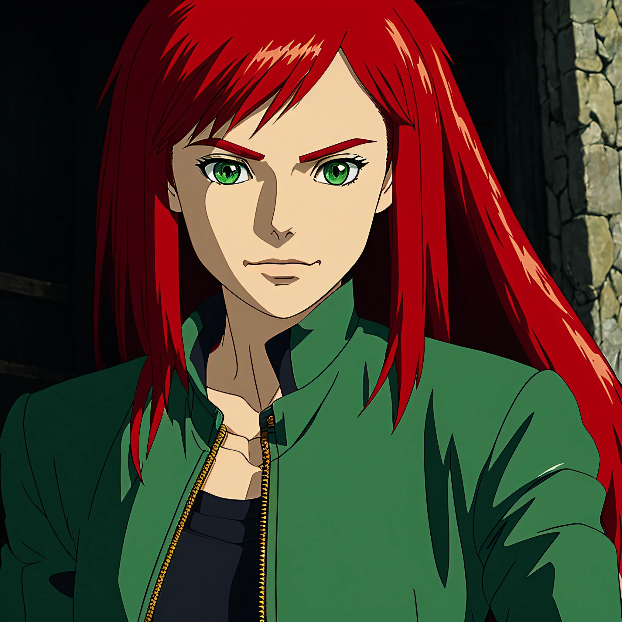 Katarina, Katarina from League of Legends, a closeup of a woman with long red hair, wearing a black leather jacket, light green eyes, scar cutting her right eye vertically, anime drawing inspired by Hayao Miyazaki, anime look of a young woman, style in anime ghibli, in anime movie, screenshot of anime movie,  looking somewhere, features would be