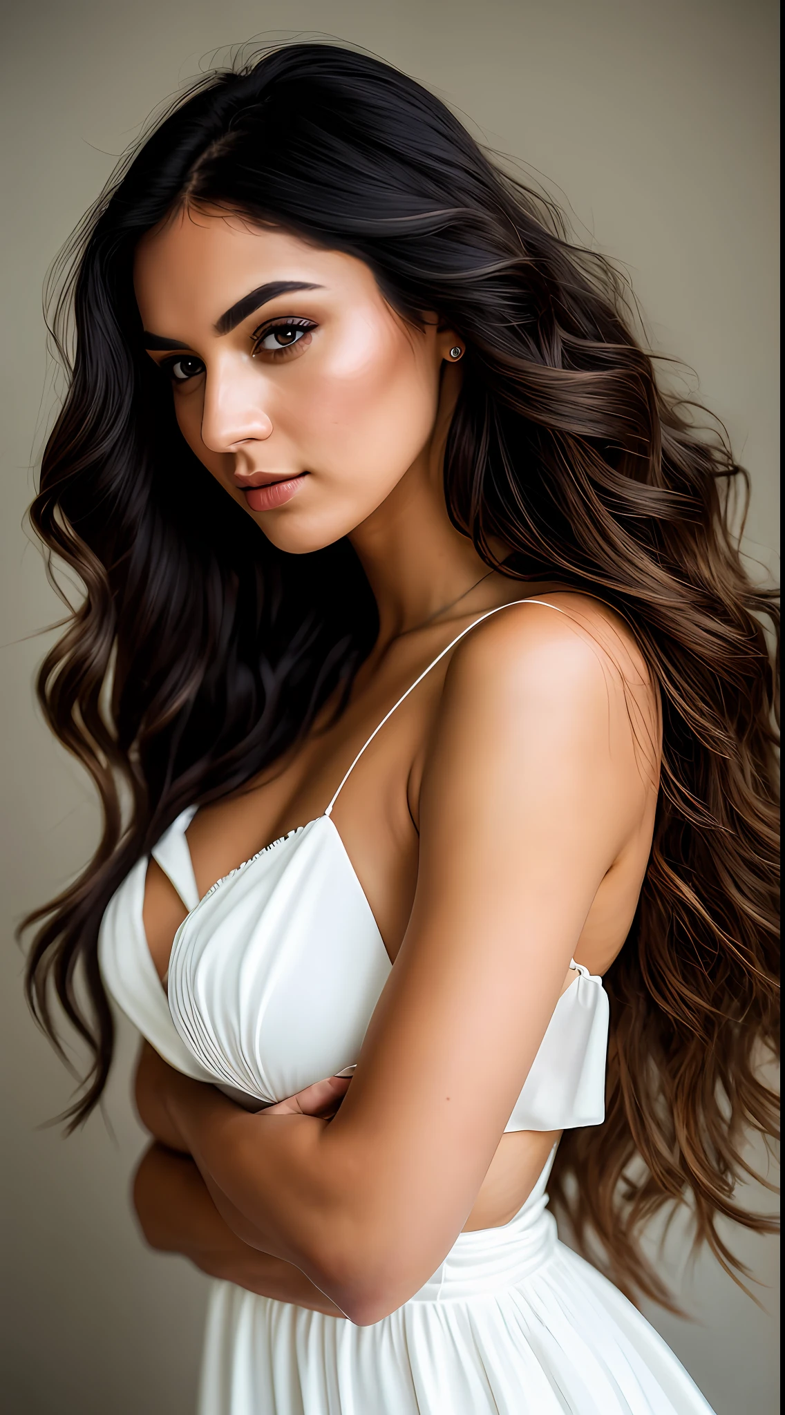 RAW, analog style, A stunning portrait of a young, beautiful woman with striking features. She should have long, flowing hair, a captivating gaze, and an alluring expression. large breasts, cleavage, wearing thin white night dress, The background should be neutral and simple, allowing the woman to be the image's focal point. Please pay close attention to the details, such as the highlights and shadows on her face and hair, to create a lifelike and realistic image. Experiment with different lighting techniques to enhance the mood and atmosphere of the portrait. The final product should be a masterpiece that captures the essence and beauty of the woman, ((highly detailed skin, skin details)), sharp focus, volumetric fog, 8k UHD, DSLR, high quality, film grain, Fujifilm XT3