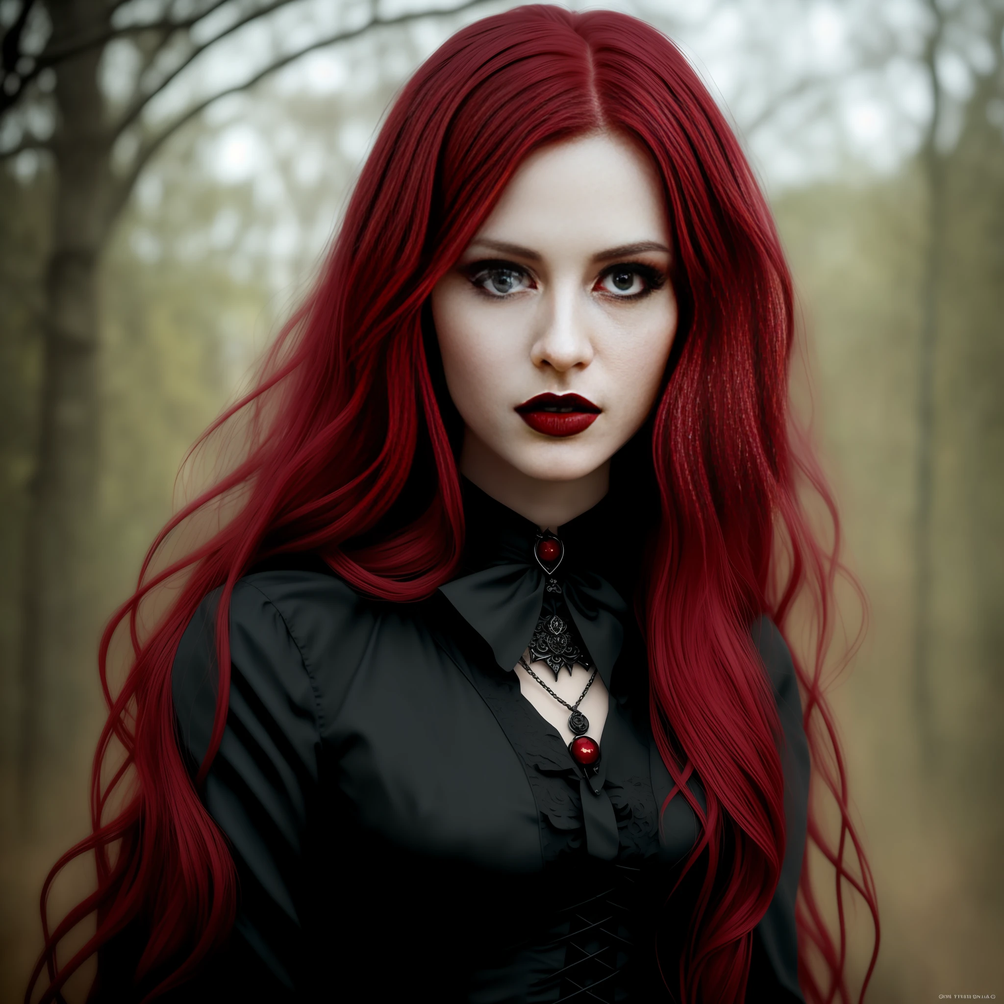 arafed woman with red hair and a black gothic style shirt, crimson red hair, green eyes, dark red hair, with long red hair, gothic girl, lori earley, dreamy gothic vampire, long crimson hair, long dark red hair, crimson hair, with red hair, with long hair and piercing eyes, black and red hair, gothic girl face, photorealistic, gothic style portrait, deep rich colors, hyper realistic, high resolution, 4k, intricate details, highly detailed eyes