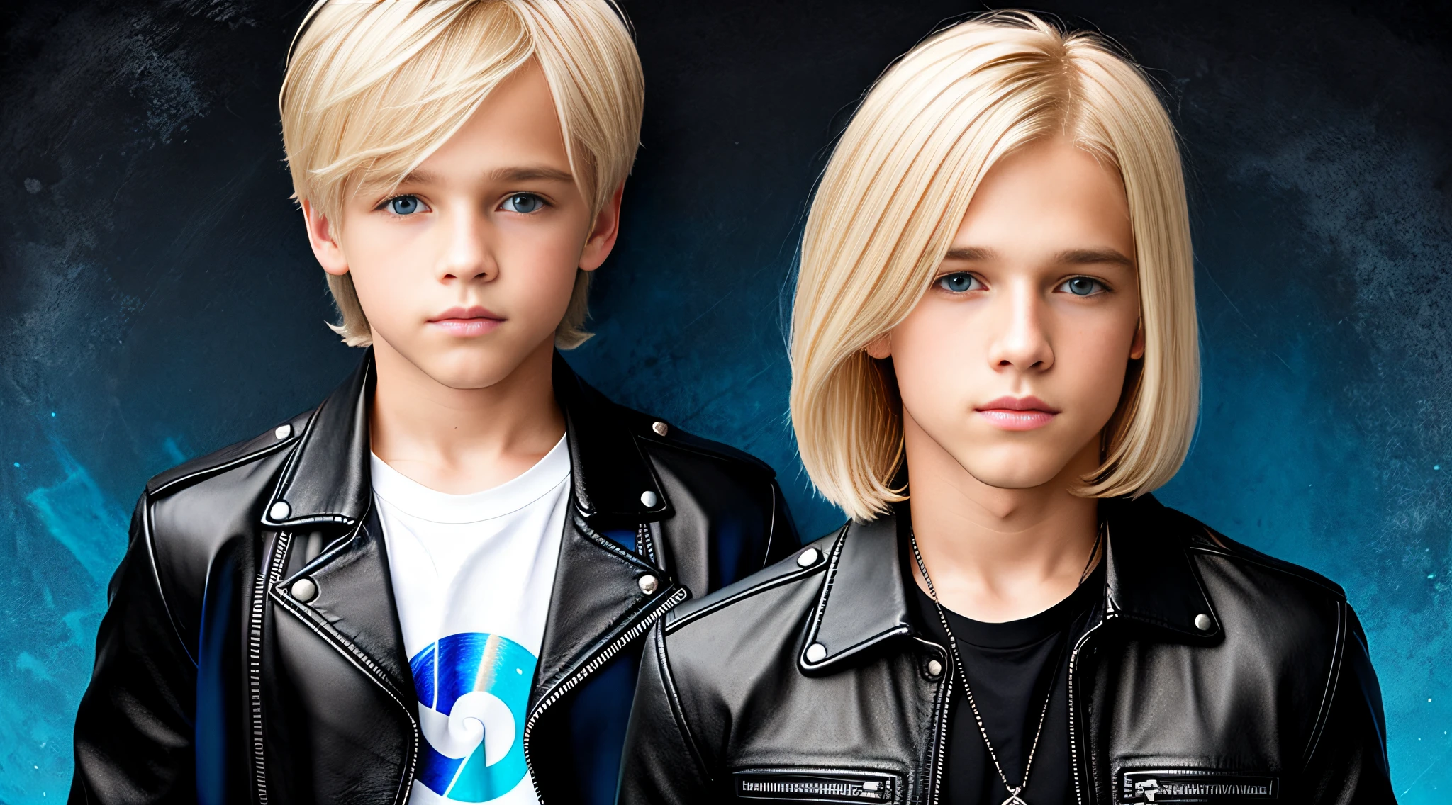 blonde child boys WITH STRAIGHT HAIR fire music photo, elemental, portrait, petroleum blue BACKGROUND, black leather jacket and black clothing. .