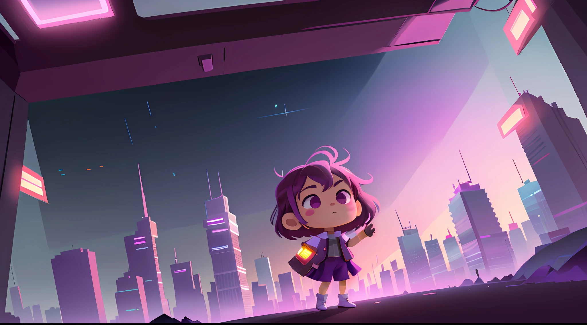Style: chibi. The scene: Futuristic cityscapes with skyscrapers and sleek aerodynamic vehicles speeding through the air. The high-resolution OLED GUI interfaces in the building's windows are filled with transparent data visualization infographics, showing everything from weather patterns to traffic flow. The colors are saturated and vibrant, with warm shades of pink and purple dominating the horizon. The overall effect is beautiful and inspiring.