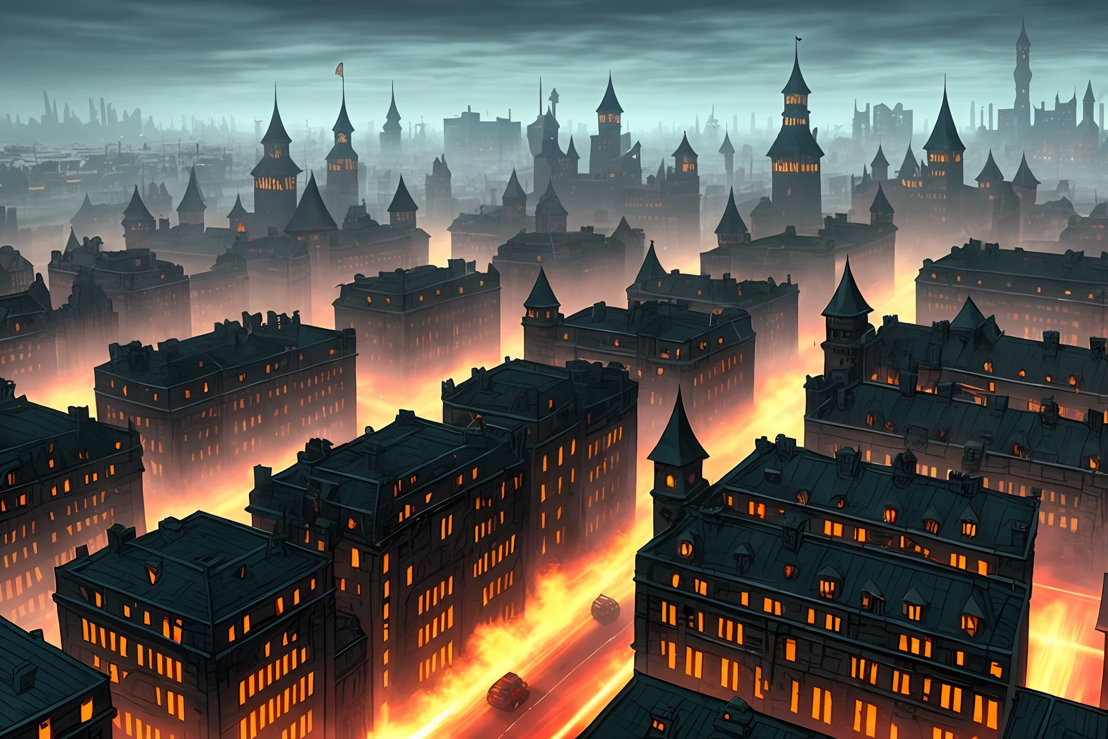 Create a dark city full of secrets, very large, with numerous streets, closed gates, like a gigantic castle;