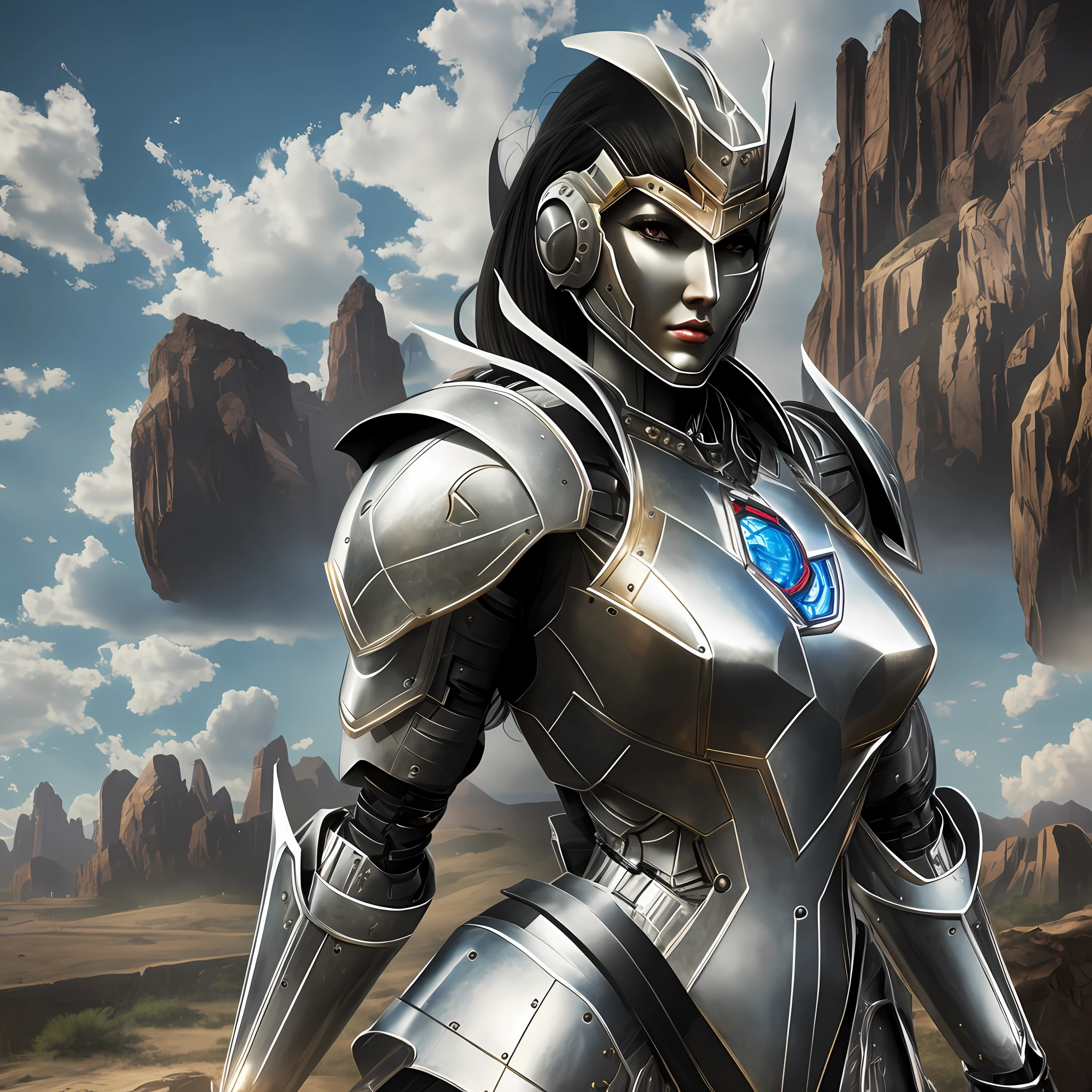 Beautiful tall woman with robotic armor with super realistic and well detailed black hair