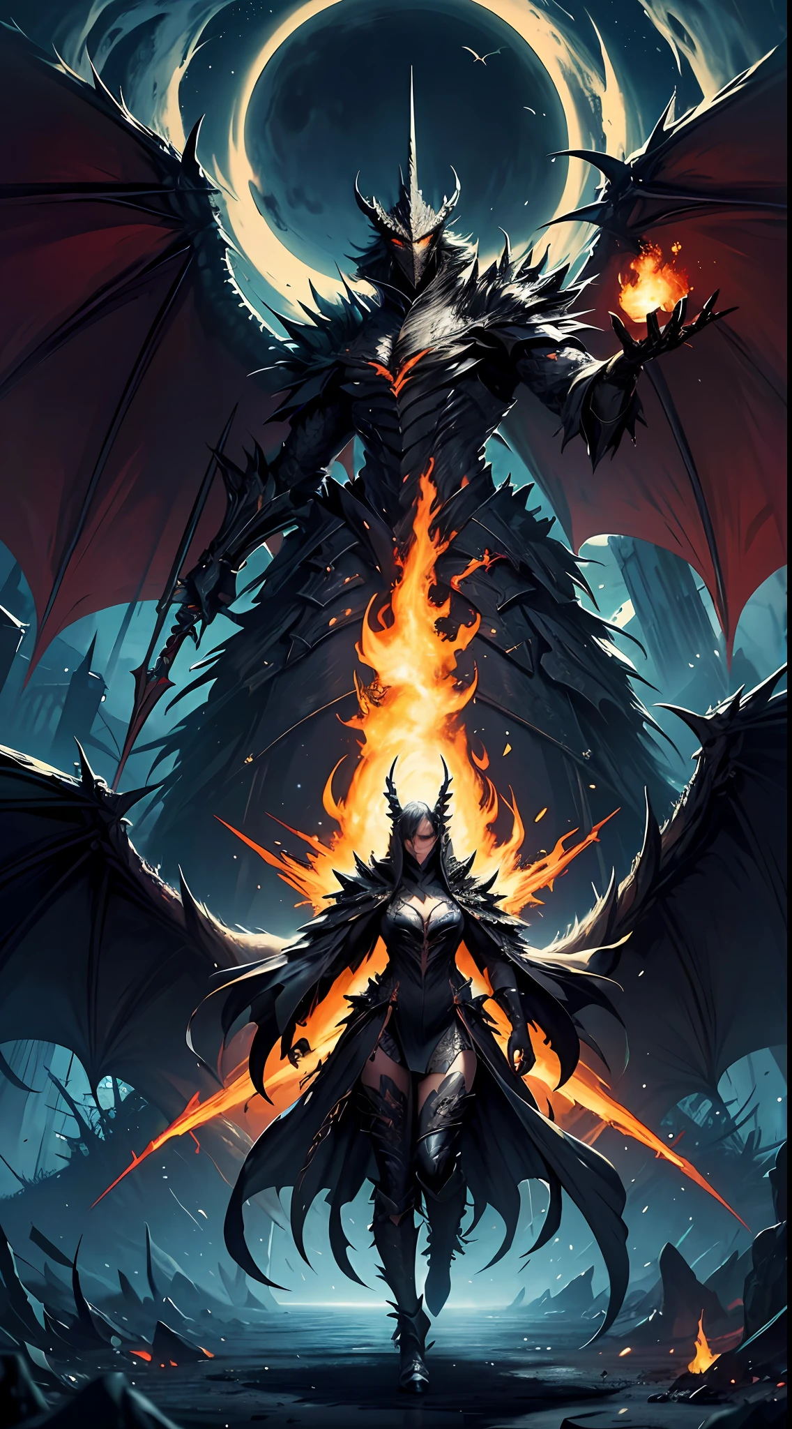 I want a gigantic black dragon in a magnificent pose, I want its size to be perceived by the trees next to it, I want its size to be bigger than the trees, to have 4 magnificent legs and wings on its back, one each evil with yellow eyes