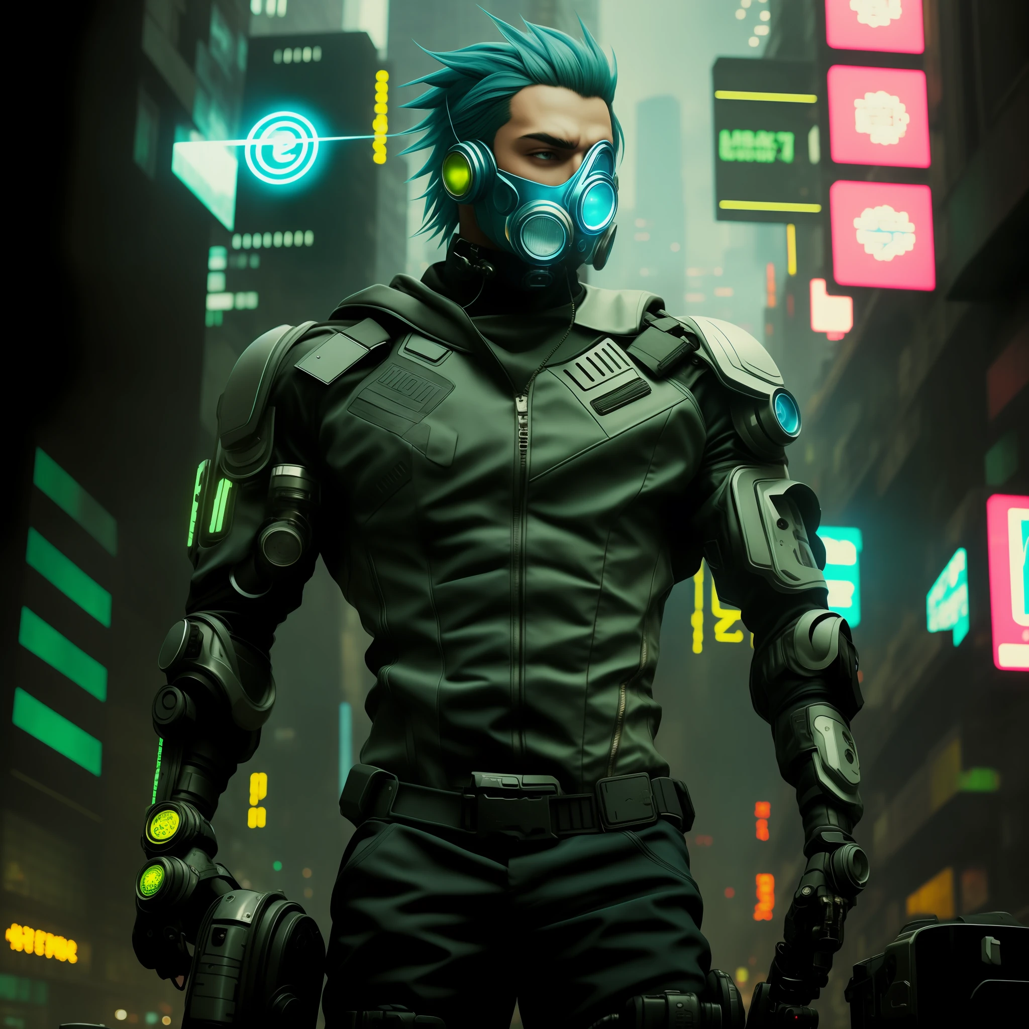 cyber man with gas mask and gas mask standing in a city, muscular! cyberpunk, cyberpunk ultrarealistic art 8k, cyberpunk guy, cyberpunk anime digital art, cyberpunk art style, advanced digital cyberpunk art, cyberpunk digital art, cyberpunk character, cyberpunk street goon, cyberpunk 8k, cyberpunk artstyle, cyberpunk theme art, cyberpunk character art, badass anime 8k, blooming blue details on clothing, neon blue hair