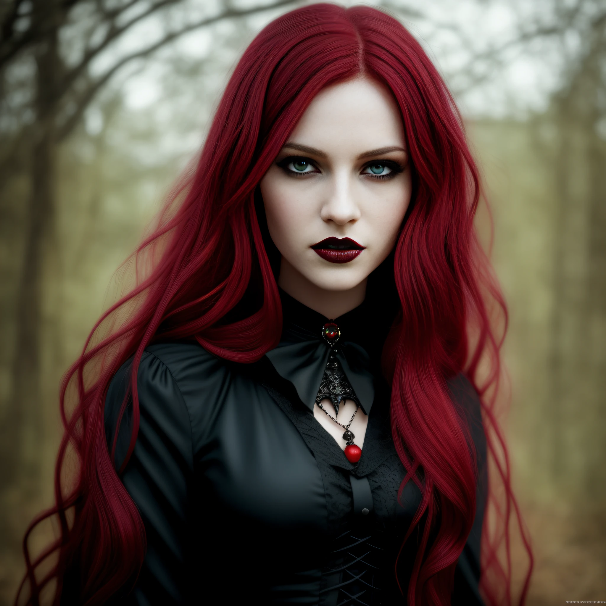 arafed woman vampire, powerful female vampire, with red hair and a black gothic style shirt, crimson red hair, green eyes, dark red hair, with long red hair, gothic girl, dreamy gothic vampire, long crimson hair, long dark red hair, crimson hair, with red hair, with long hair and piercing eyes, black and red hair, gothic girl face, photorealistic, gothic style portrait, deep rich colors, hyper realistic, high resolution, 4k, intricate details, highly detailed eyes, movement,