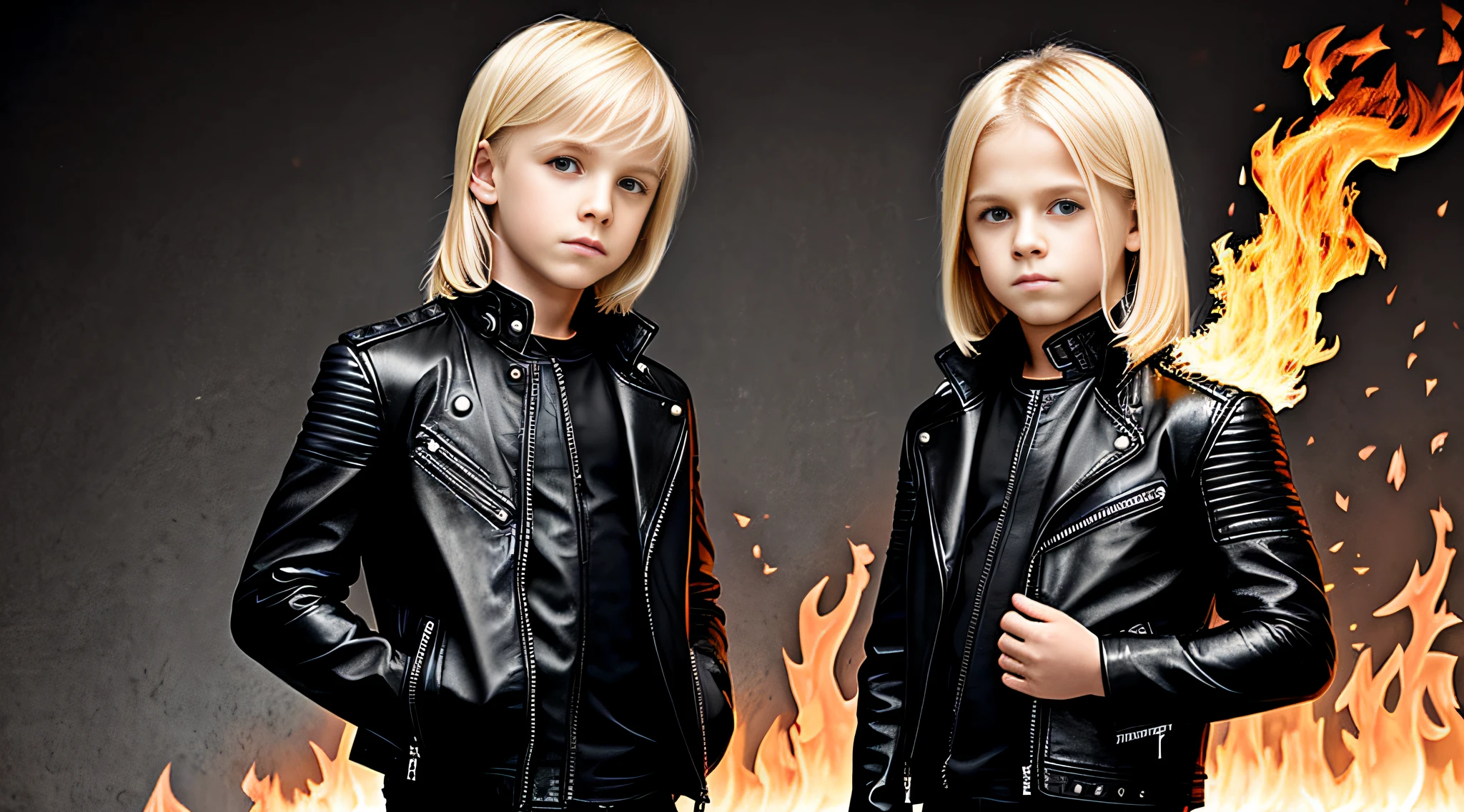 boys blonde children WITH STRAIGHT HAIR photo of fire music, elemental, portrait, black leather jacket and black clothing. .