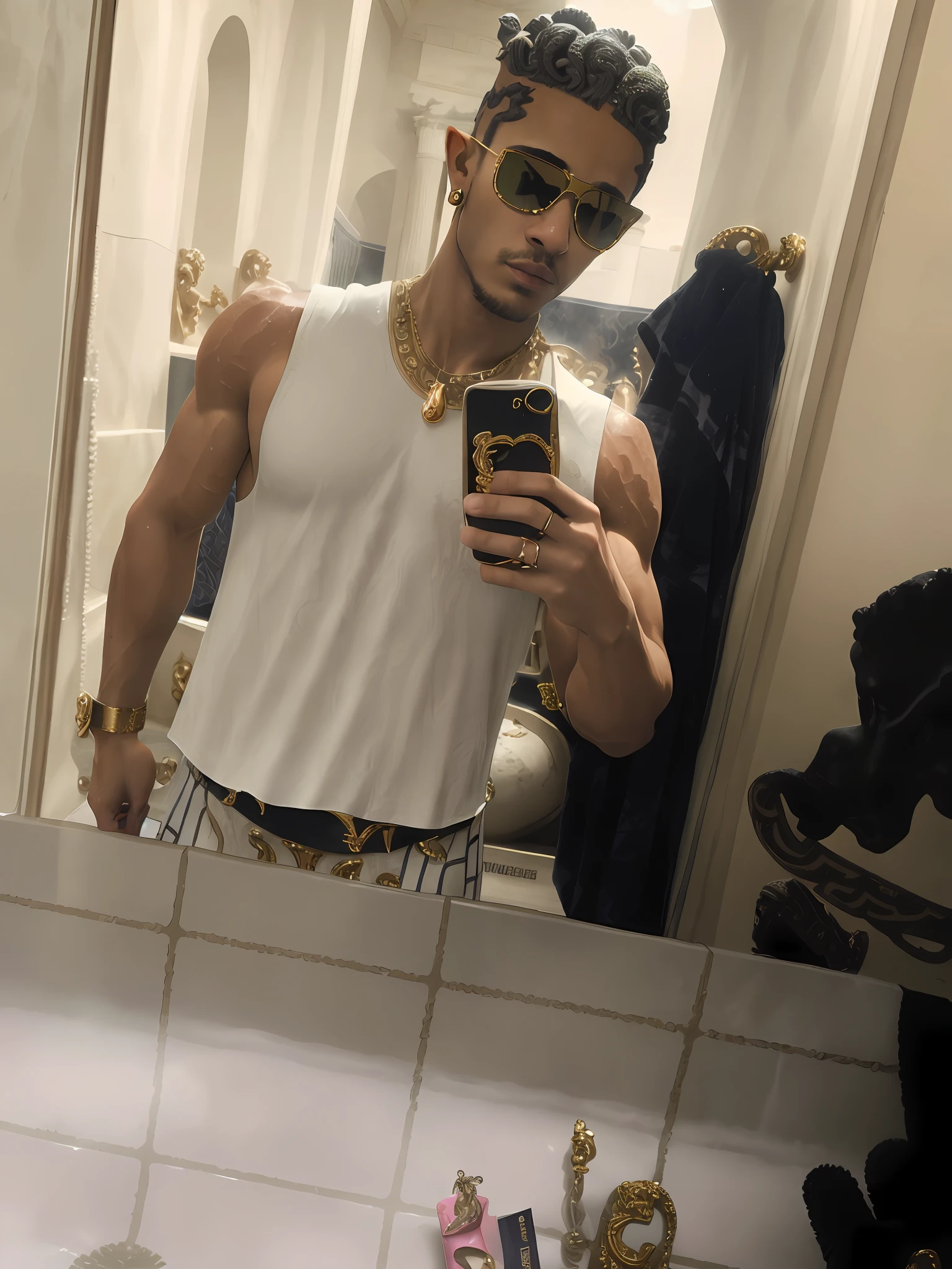 wearing a low cut tanktop(Gianne Versace tank top:1.5), wearing a tanktop, wearing tanktop, fit pic, no shirt under the vest, 2 3 years old, 2 7 years old, 2 2 years old, full body picture, best quality picture, 2 9 years old lean, fit pic, perfect lighting, flexing in the mirror, wearing sunglasses(white Versace:1.4), versace belt with medusa head logo ( head of Medusa the a Greek mythological figure on the belt:1.6),standing in an ancient steam bath (roman bath:1.7), steamy, steam, smoke, muscular masculine man standing in the pool.