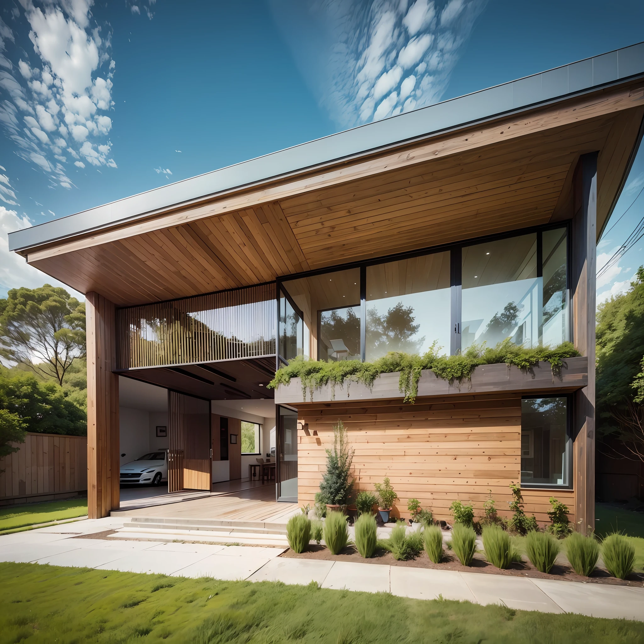 A contemporary house, with a façade that features wooden details and a covered garage, without door, for two cars, surrounded by a well-kept garden with vibrant flowers and neatly trimmed hedges. The house has large glazed windows that allow natural light to flood the interior, and a front porch adorned with potted plants. The details in natural wood should be valued. Details of brick masonry apparent on one of the walls should appear. The house exudes a sense of contemporary style and sophistication, combining the warmth of wood with modern architectural elements. Photograph, captured with a wide-angle lens (24mm), highlighting the intricate wooden details, --air 16:9 --v 5 --auto --s2