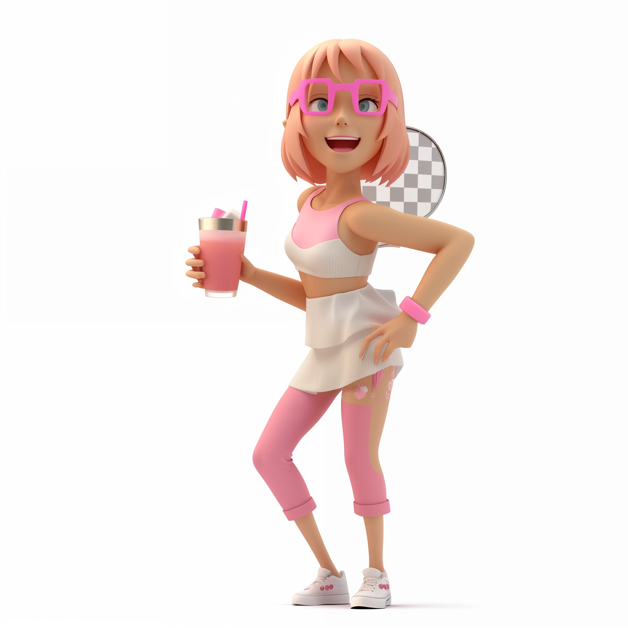 cartoon woman with a pink drink, character is in her natural pose, render 3 d of a full female body, render of April, depicted as a 3 d render, 3d character, 3d character, full body potrait holding bottle, render of a cute 3d anime european girl, smoth 3d illustration, smoth illustration smoth, european girl, European 3D