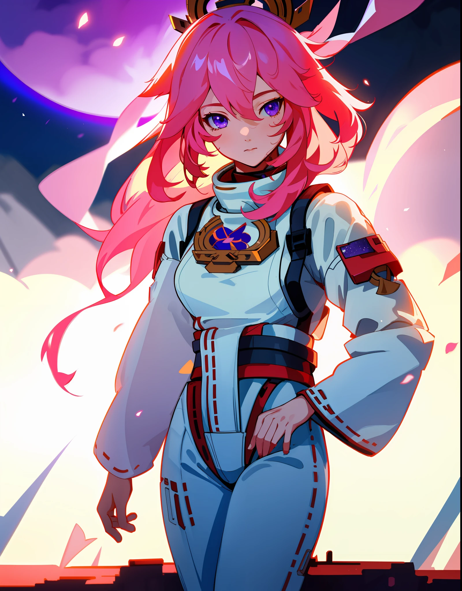 girl in an astronaut suit on the moon, , yae miko, pink hair, purple eyes, (An extremely delicate and beautiful work), beautiful face, waist leaking, full body, Random posture, delicate figure, realistic photo, (portrait), [smoke], [haze], natural lighting, shallow depth of field, photographed on a Canon EOS-1D X Mark III, 50mm lens, F/2.8, (intricately detailed, hyperdetailed), ((RAW color)), sharp focus, HDR, 4k resolution, Cinematic film
