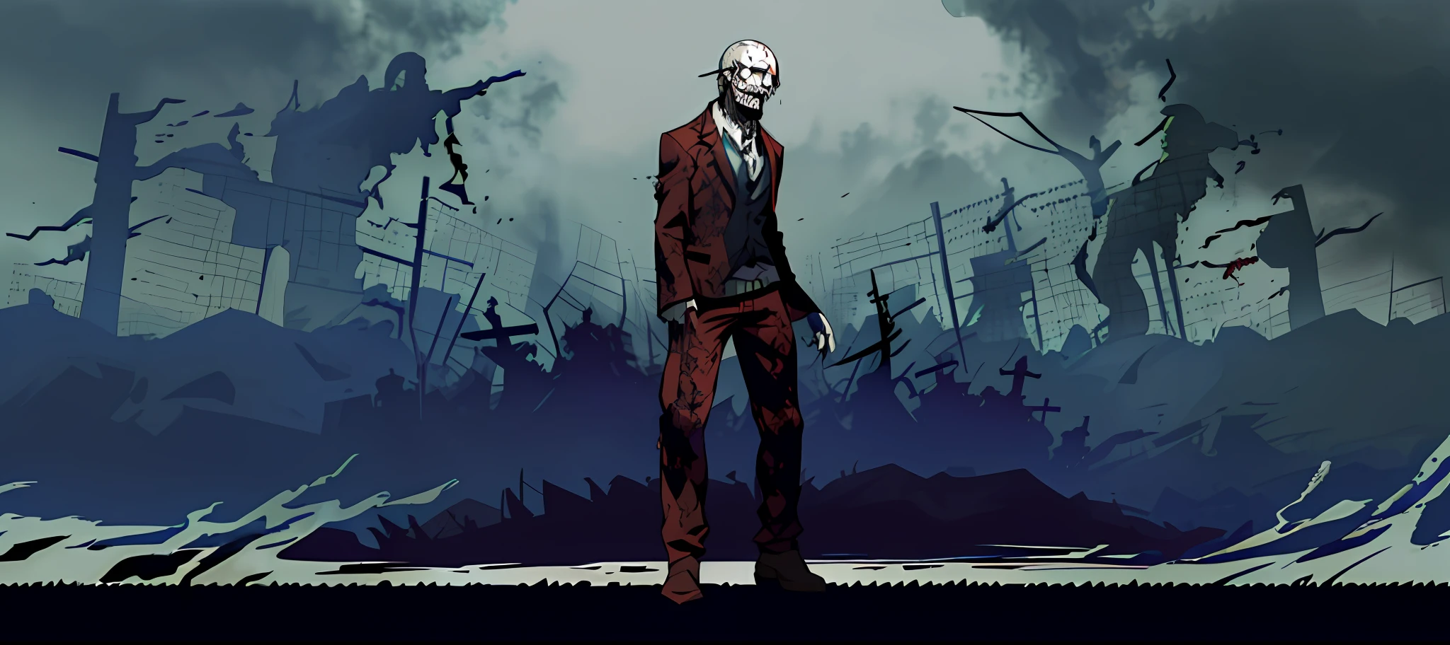a close up of a person standing in a suit with a bloody face, zombie in horror concept art, undead. highly detailed, full body character, 7 days to die zombie, male character, zombified, full body shot hyperdetailed, zombie, cinematic full character, full body single character, evil standing smiling pose, jack baker from resident evil 7, full body model